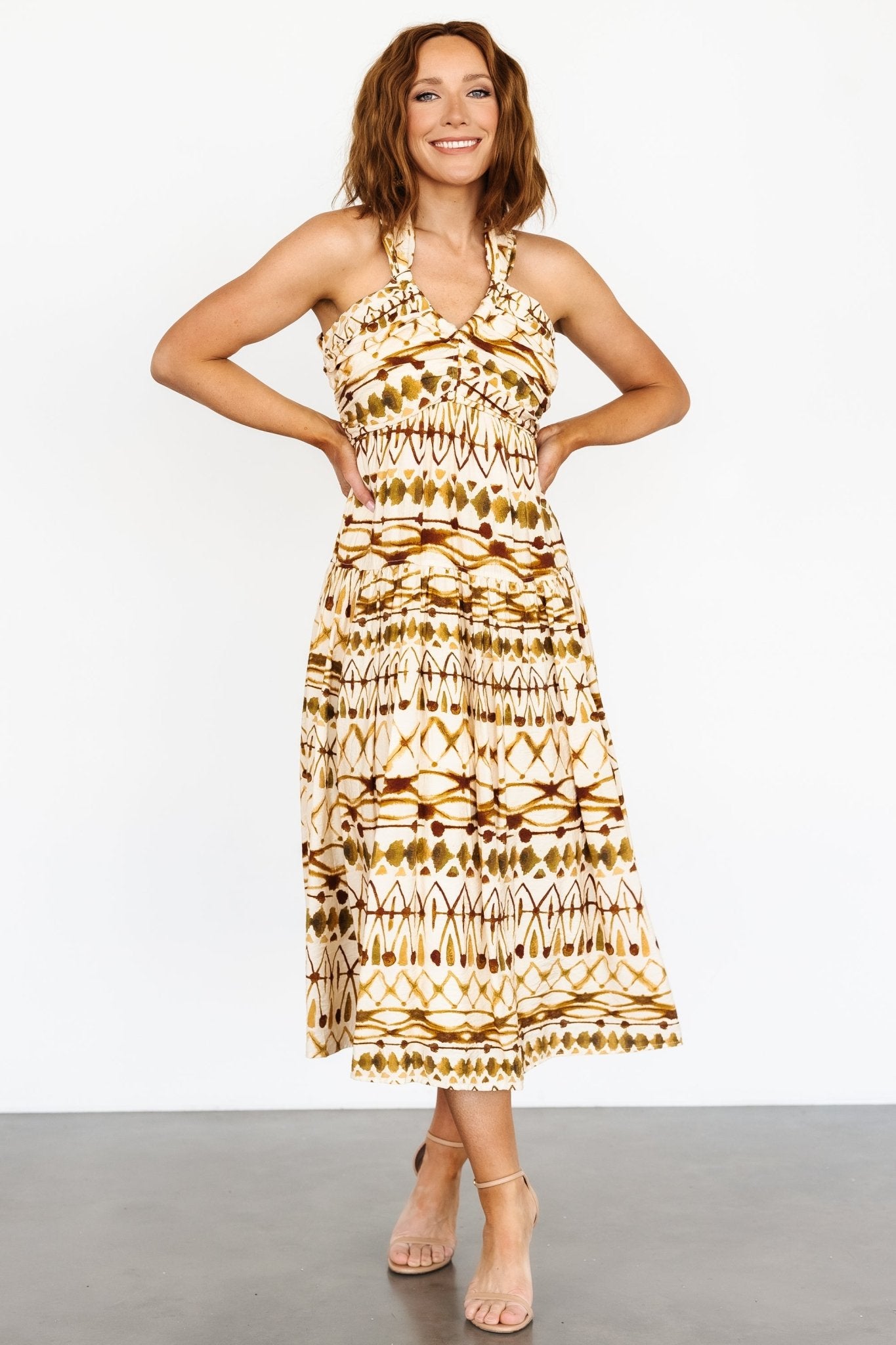 Seraphina Open Back Midi Dress | Tan Multi-Glamsiq