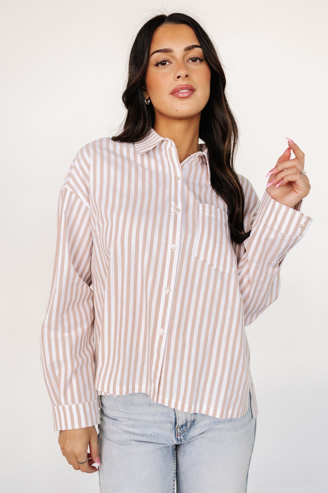Shasta Button Up Top | Beige Stripe-Glamsiq