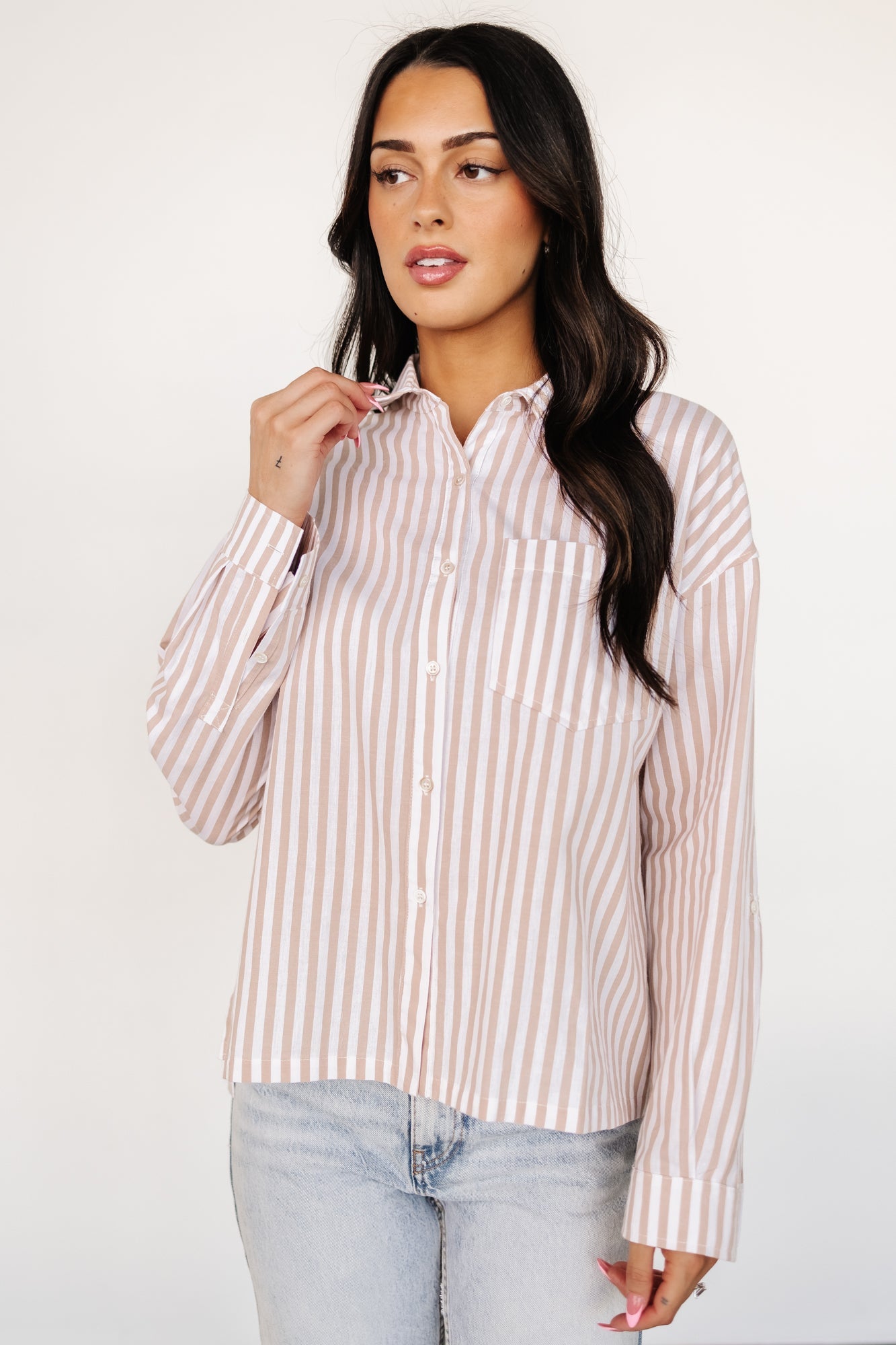 Shasta Button Up Top | Beige Stripe-Glamsiq