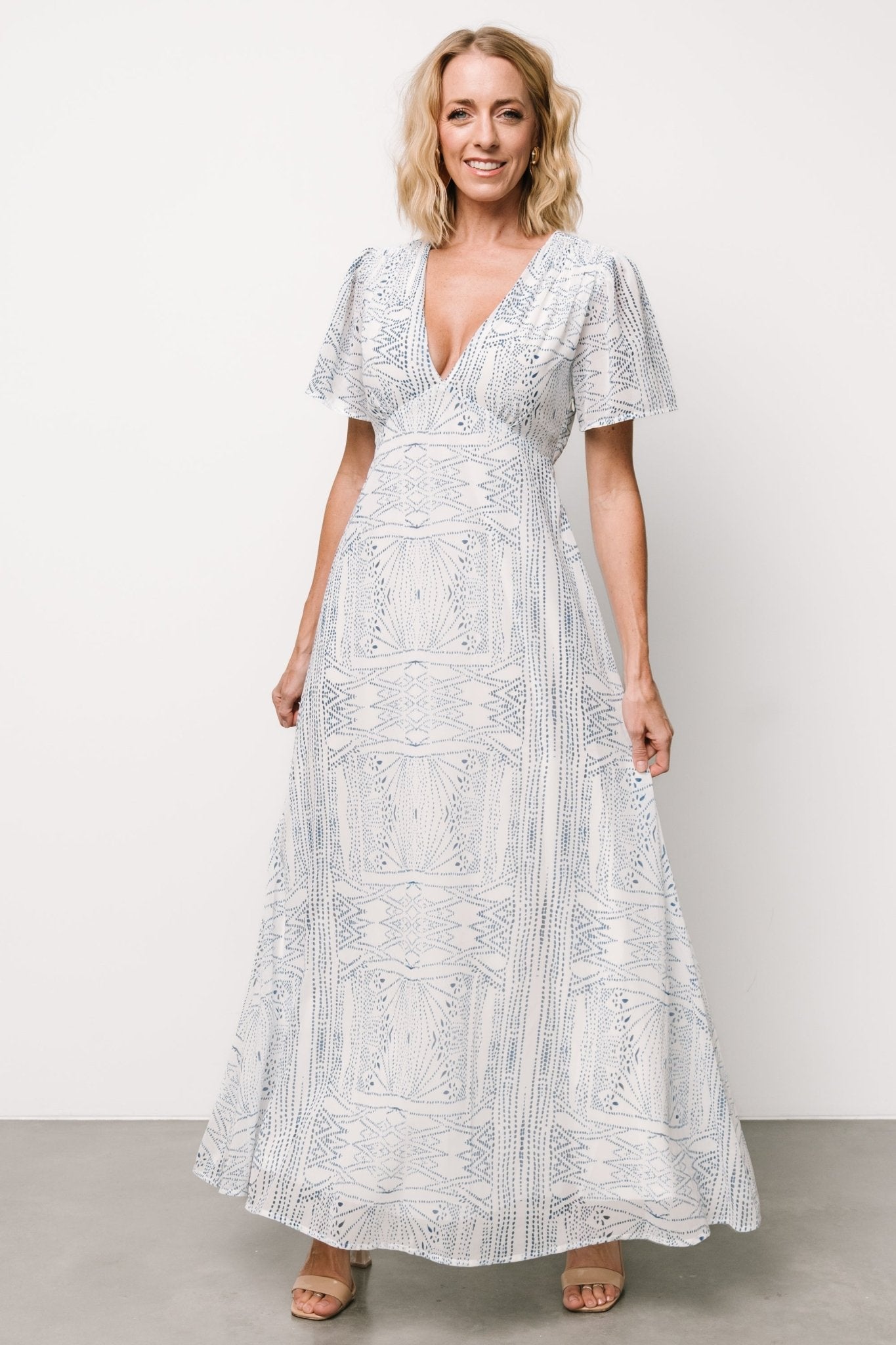 Skyla Deep V Maxi Dress | Blue Print-Glamsiq