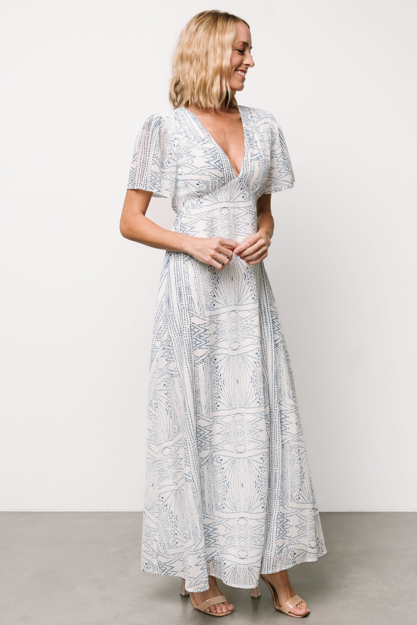 Skyla Deep V Maxi Dress | Blue Print-Glamsiq