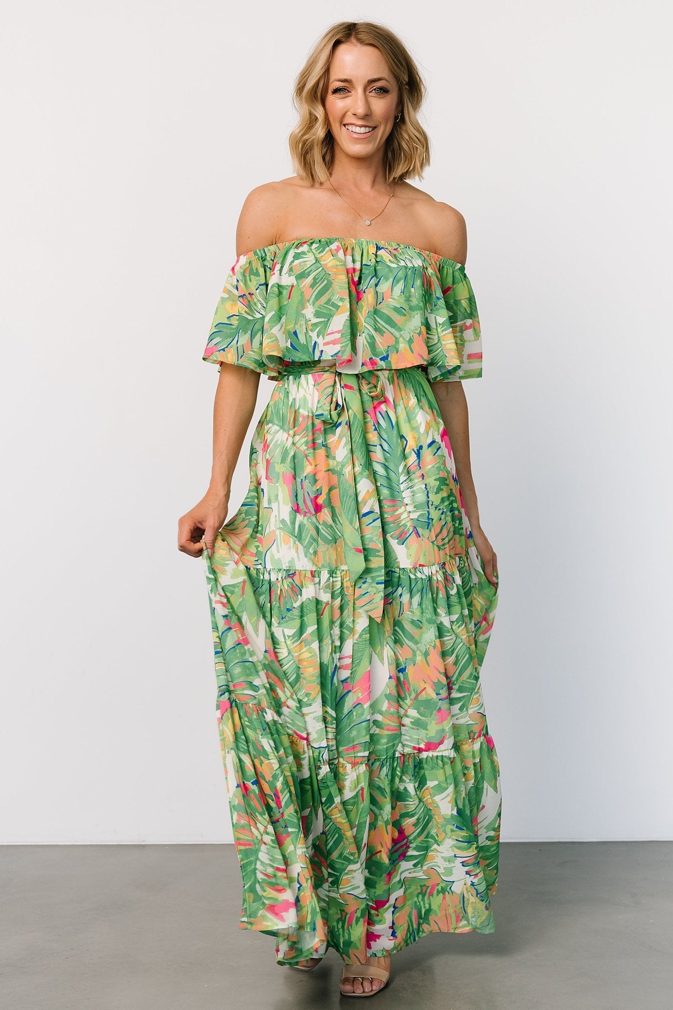 Sonoma Off Shoulder Maxi Dress | Green Multi-Glamsiq