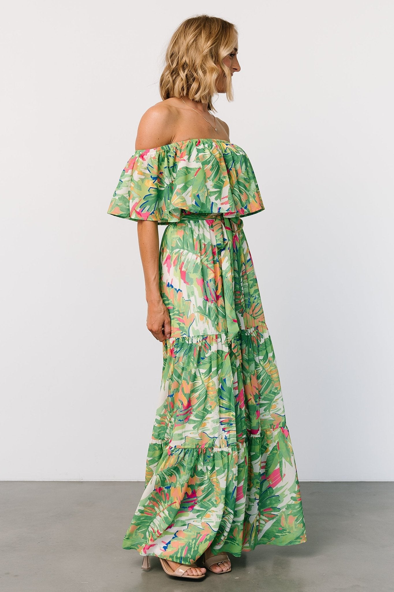 Sonoma Off Shoulder Maxi Dress | Green Multi-Glamsiq