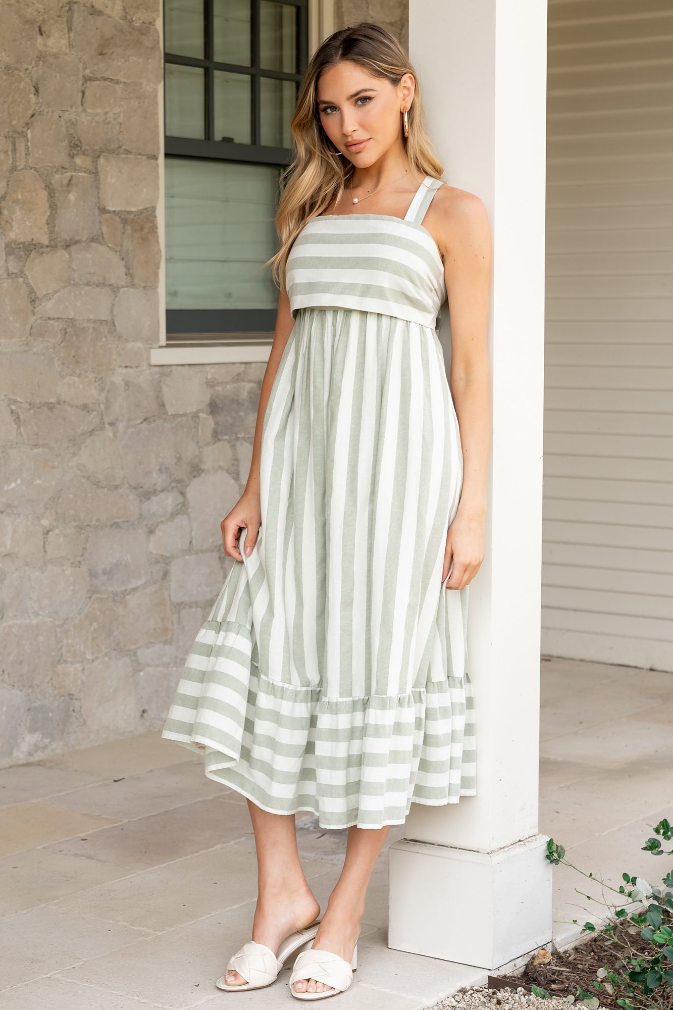 Soren Tie Back Dress | Sage Stripe-Glamsiq