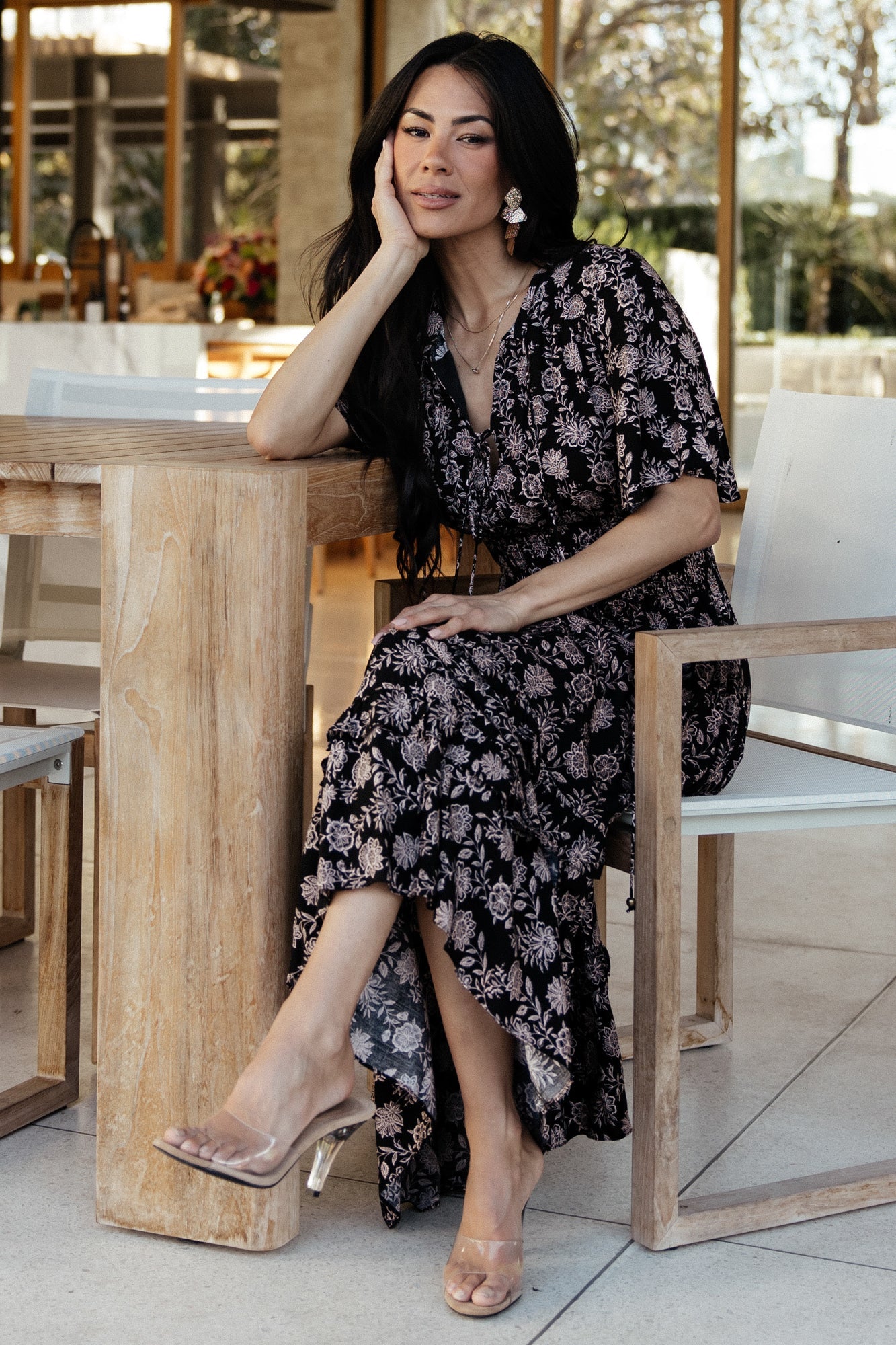 Spell Boho Midi Dress | Black + Taupe Floral-Glamsiq