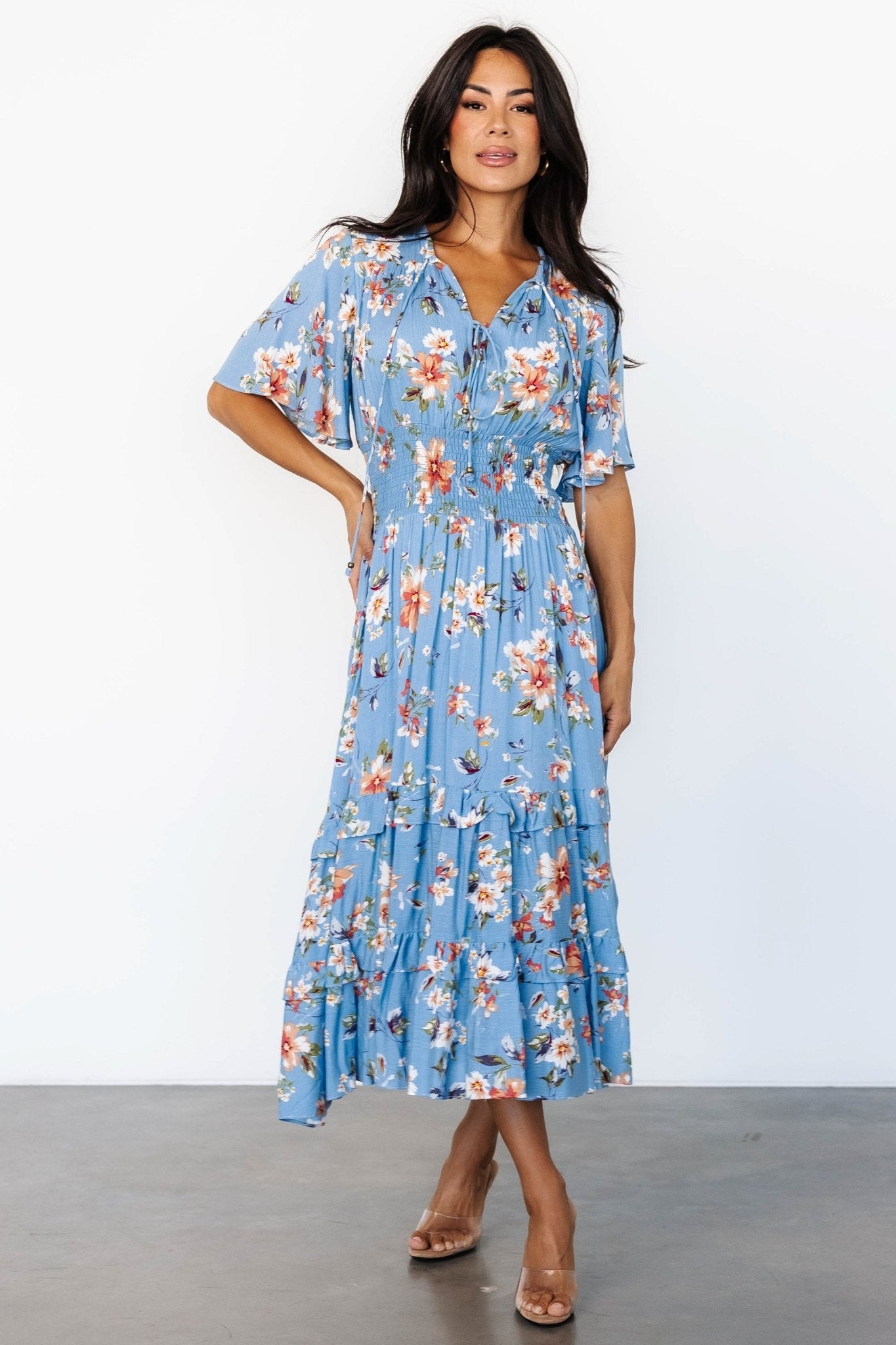 Spell Boho Midi Dress | Blue + Peach Floral-Glamsiq