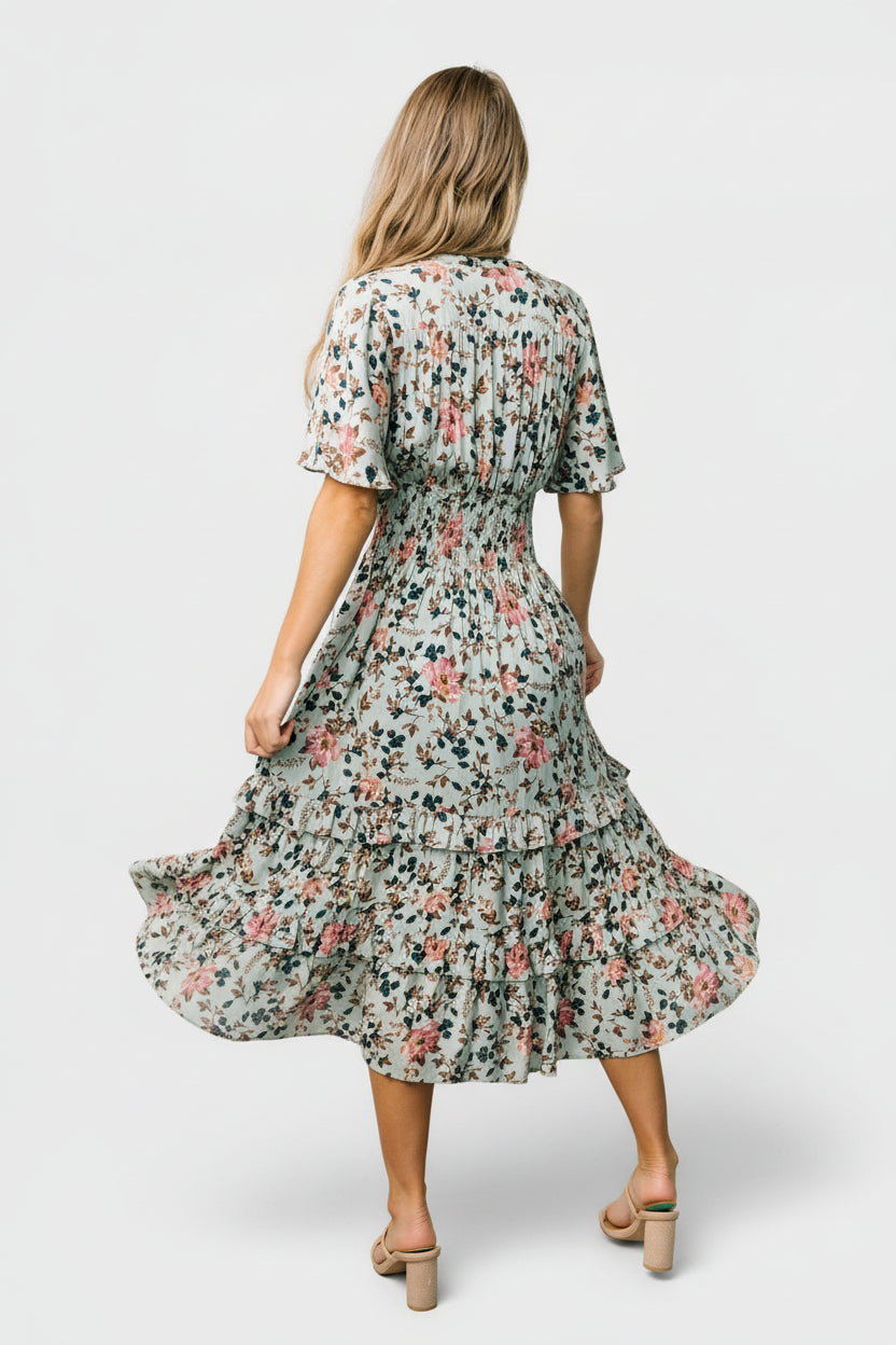 Spell Boho Midi Dress | Sage + Pink Floral-Glamsiq