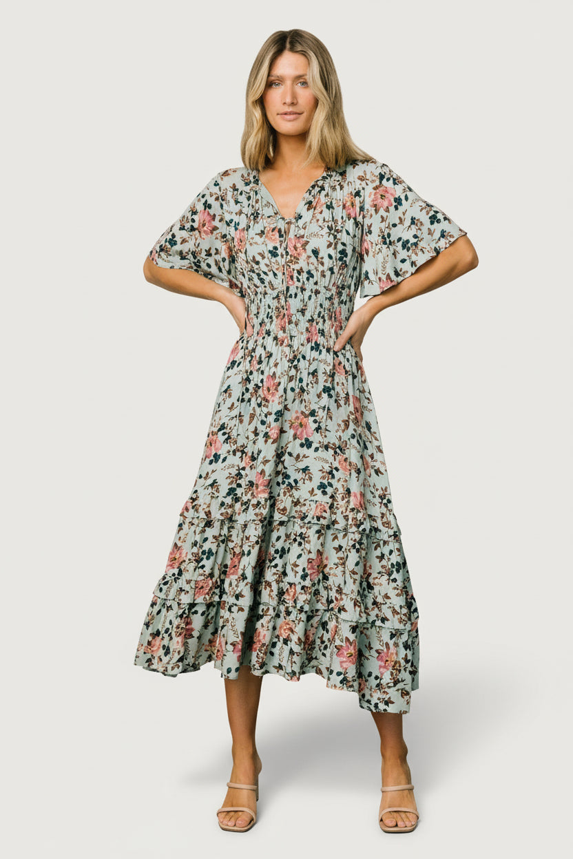 Spell Boho Midi Dress | Sage + Pink Floral-Glamsiq