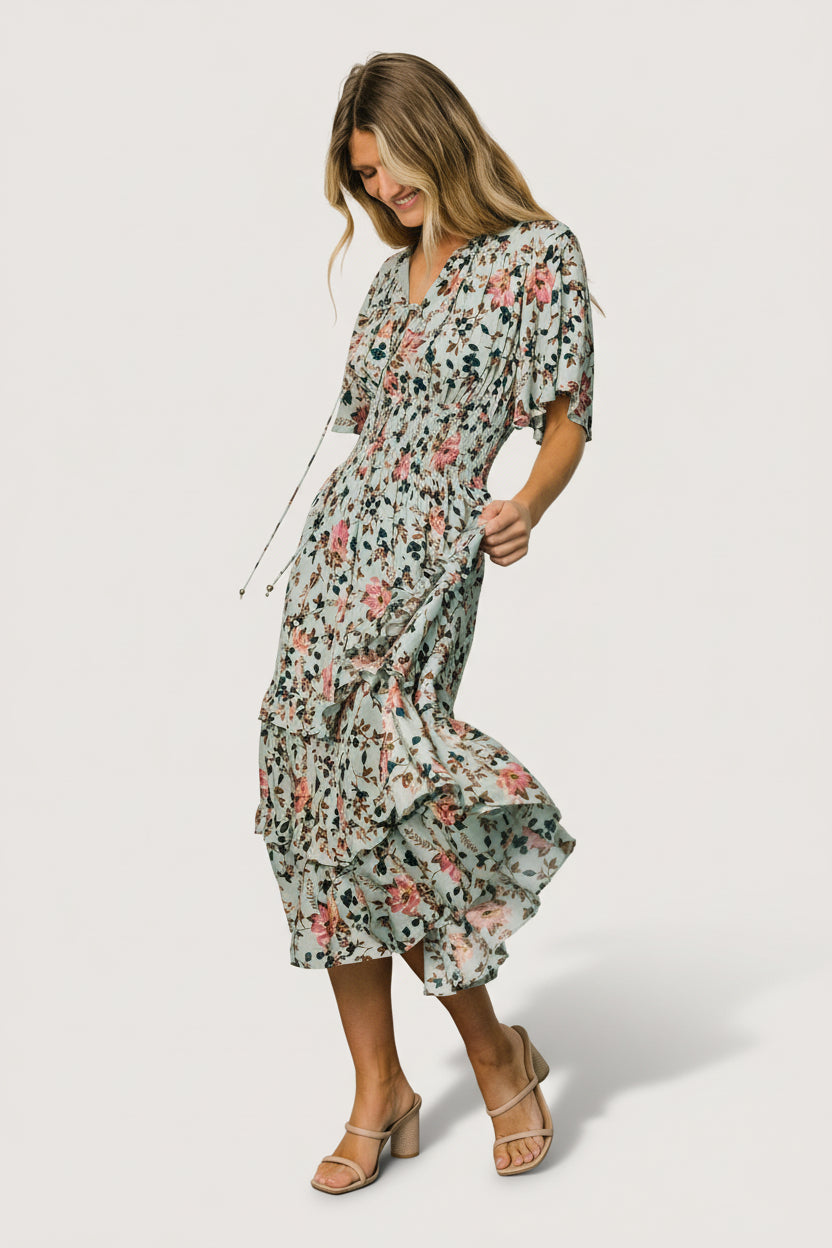 Spell Boho Midi Dress | Sage + Pink Floral-Glamsiq