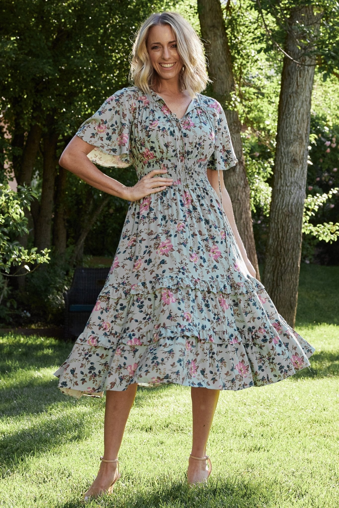 Spell Boho Midi Dress | Sage + Pink Floral-Glamsiq