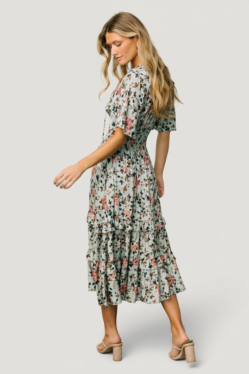 Spell Boho Midi Dress | Sage + Pink Floral-Glamsiq
