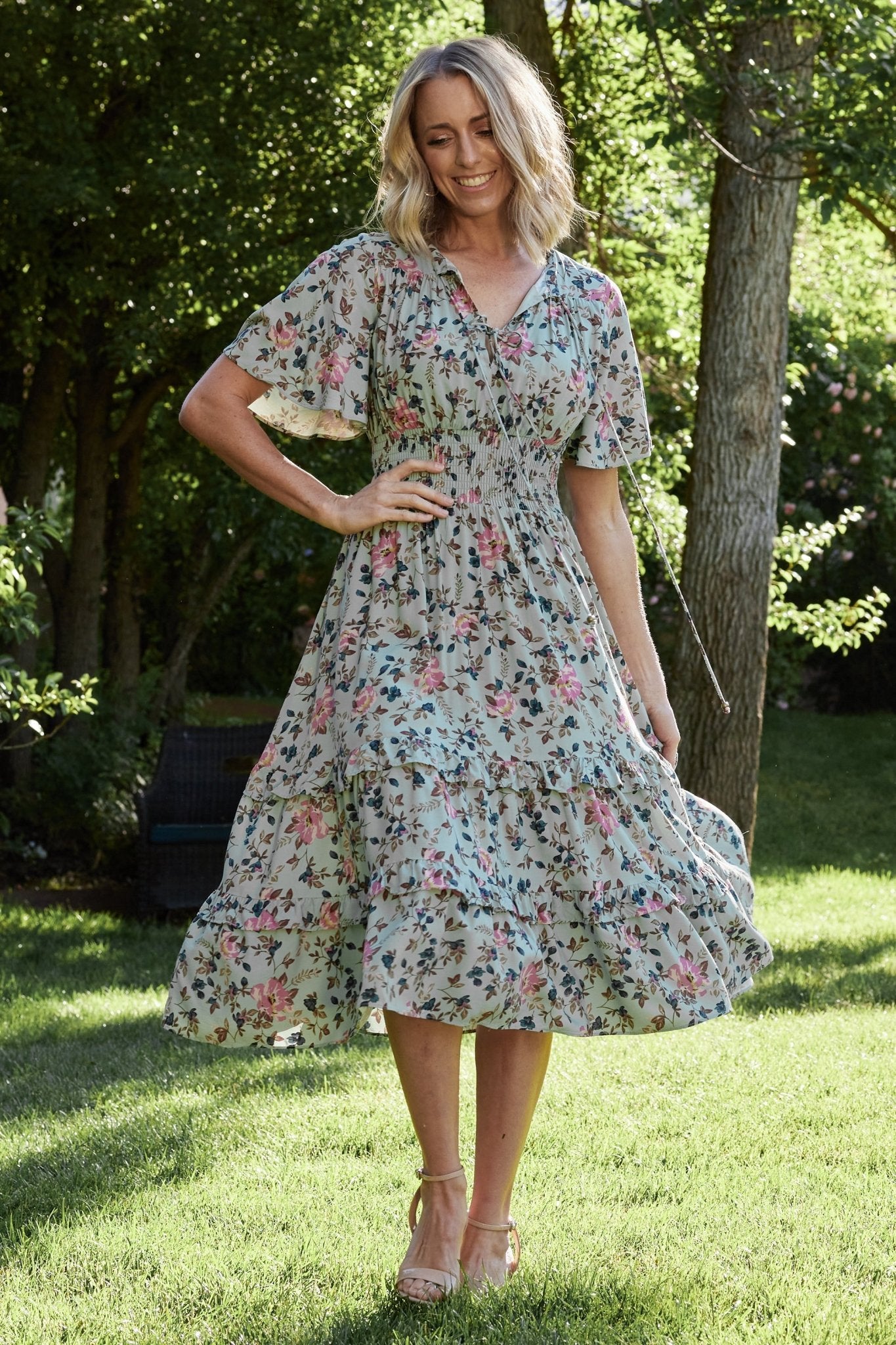 Spell Boho Midi Dress | Sage + Pink Floral-Glamsiq