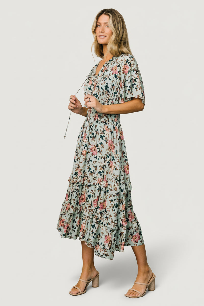 Spell Boho Midi Dress | Sage + Pink Floral-Glamsiq