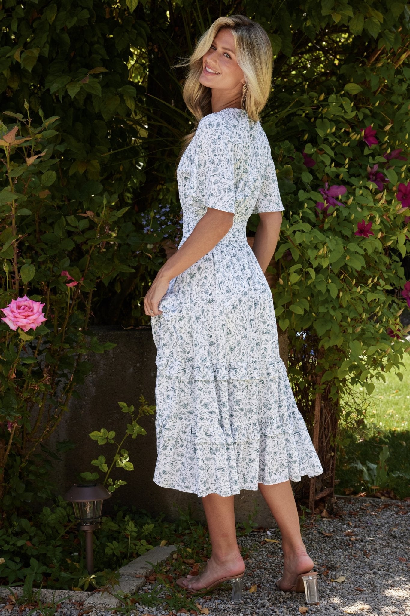 Spell Boho Midi Dress | White + Sage-Glamsiq