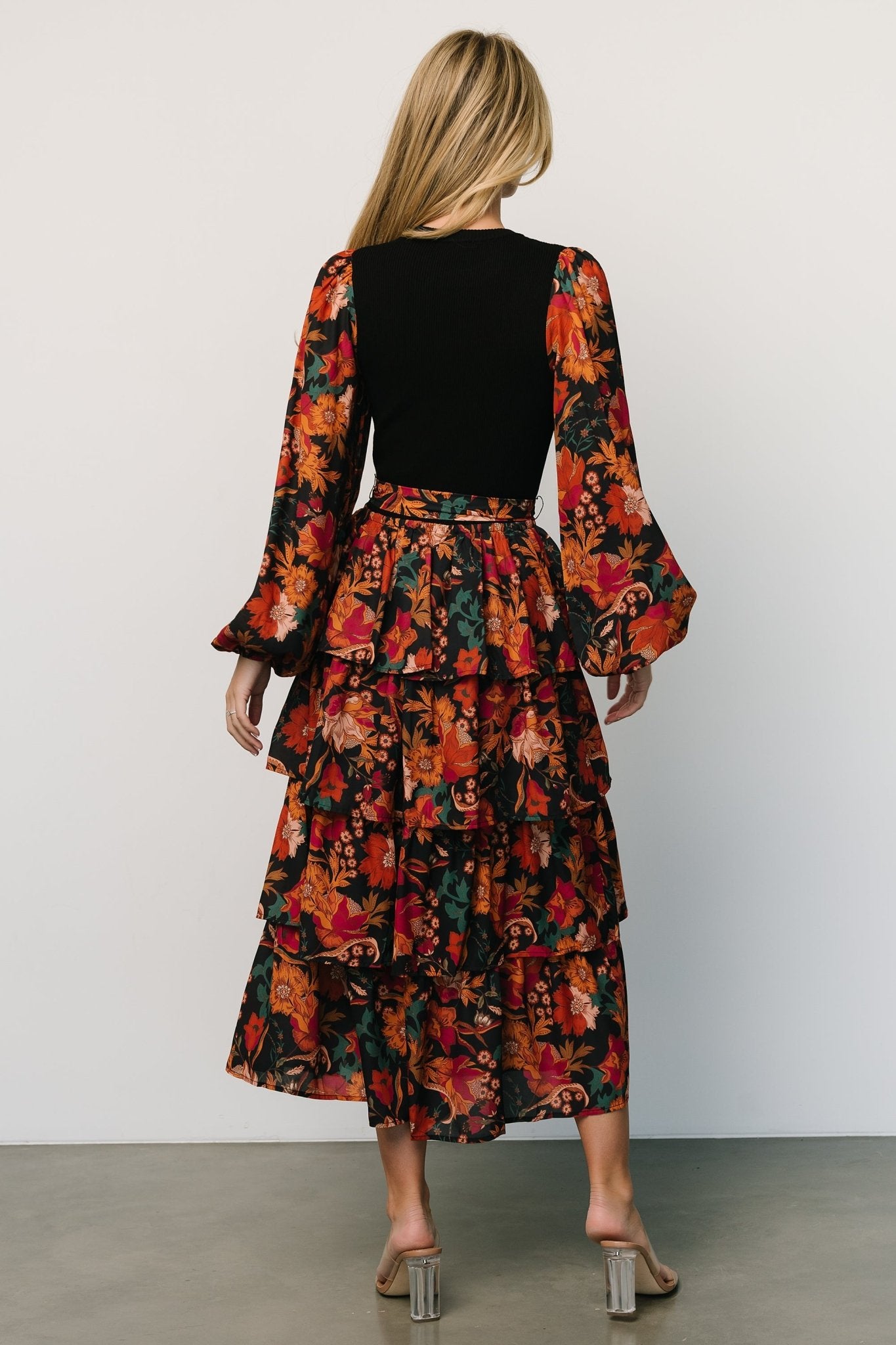 Sylvie Tiered Midi Dress | Black Multi-Glamsiq