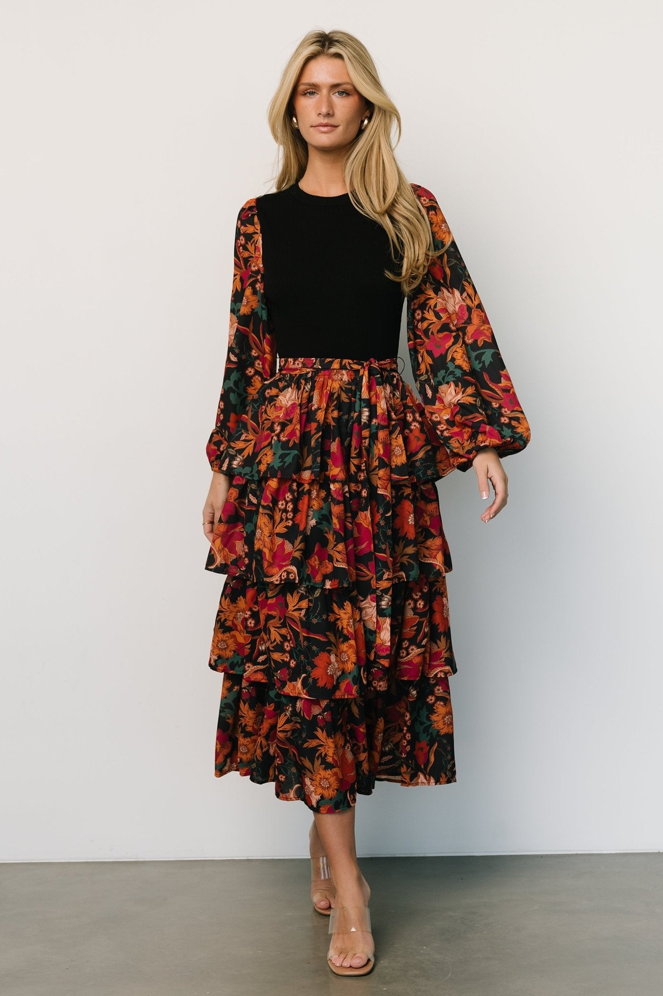 Sylvie Tiered Midi Dress | Black Multi-Glamsiq