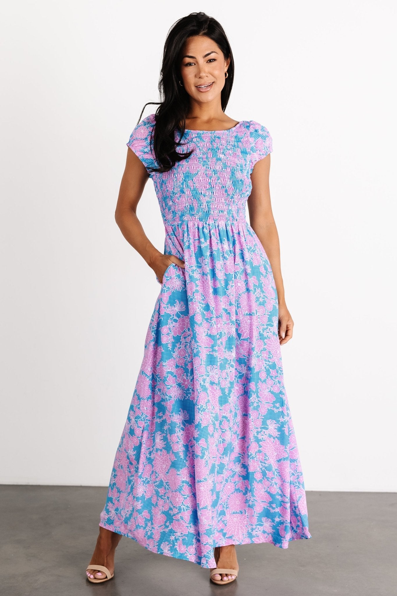 Tabitha Open Back Maxi Dress | Blue + Pink-Glamsiq