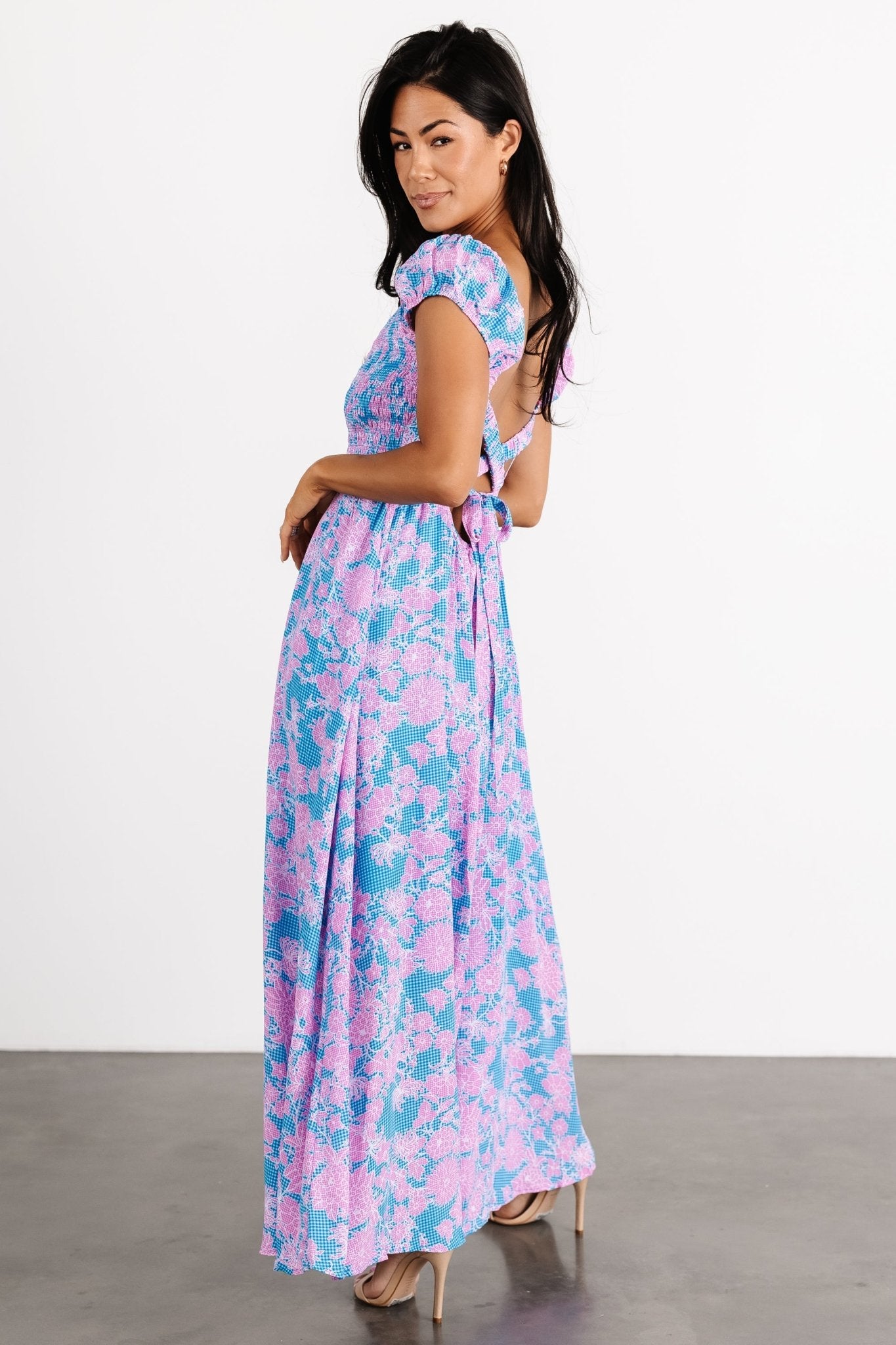 Tabitha Open Back Maxi Dress | Blue + Pink-Glamsiq