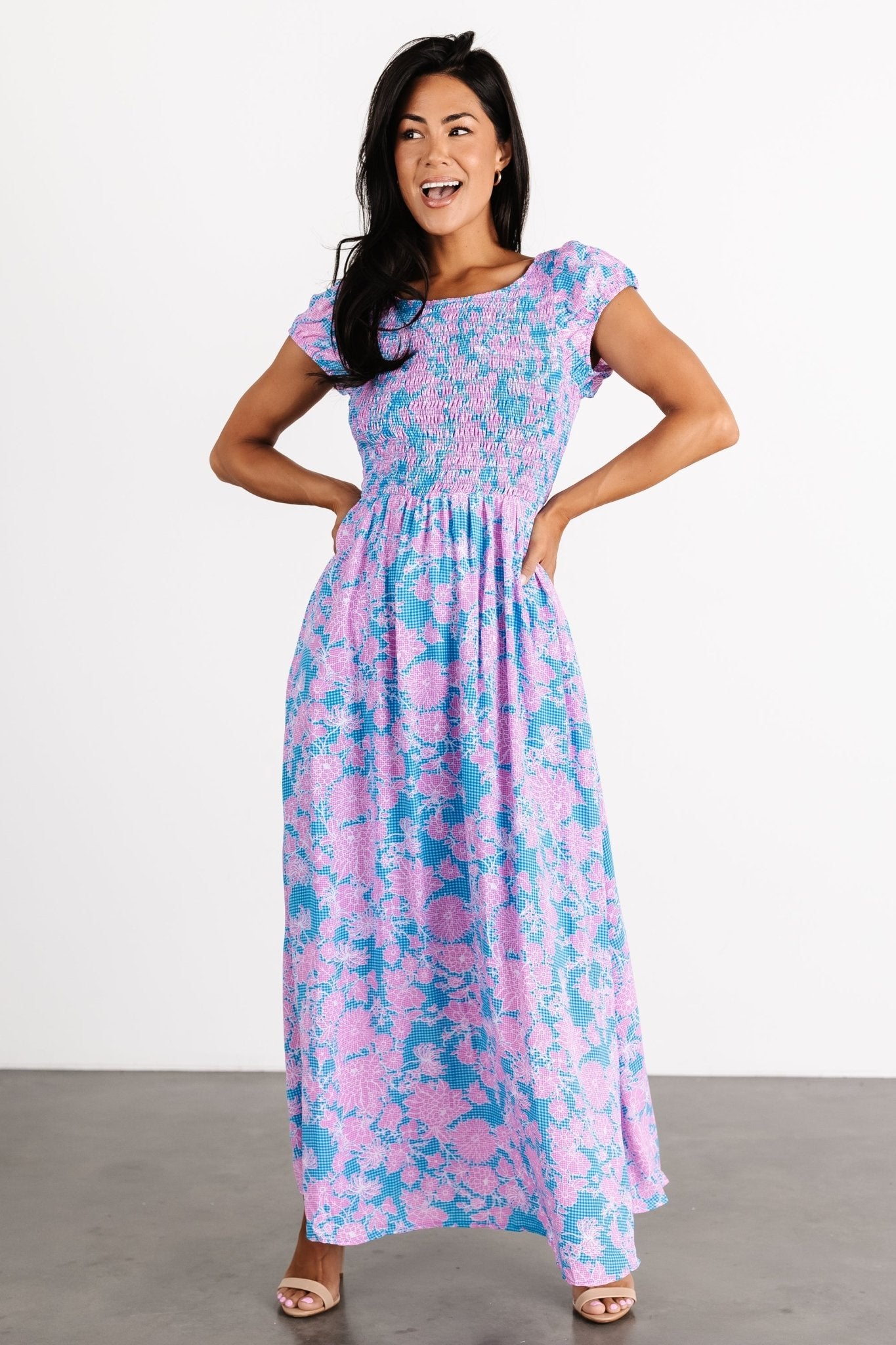 Tabitha Open Back Maxi Dress | Blue + Pink-Glamsiq