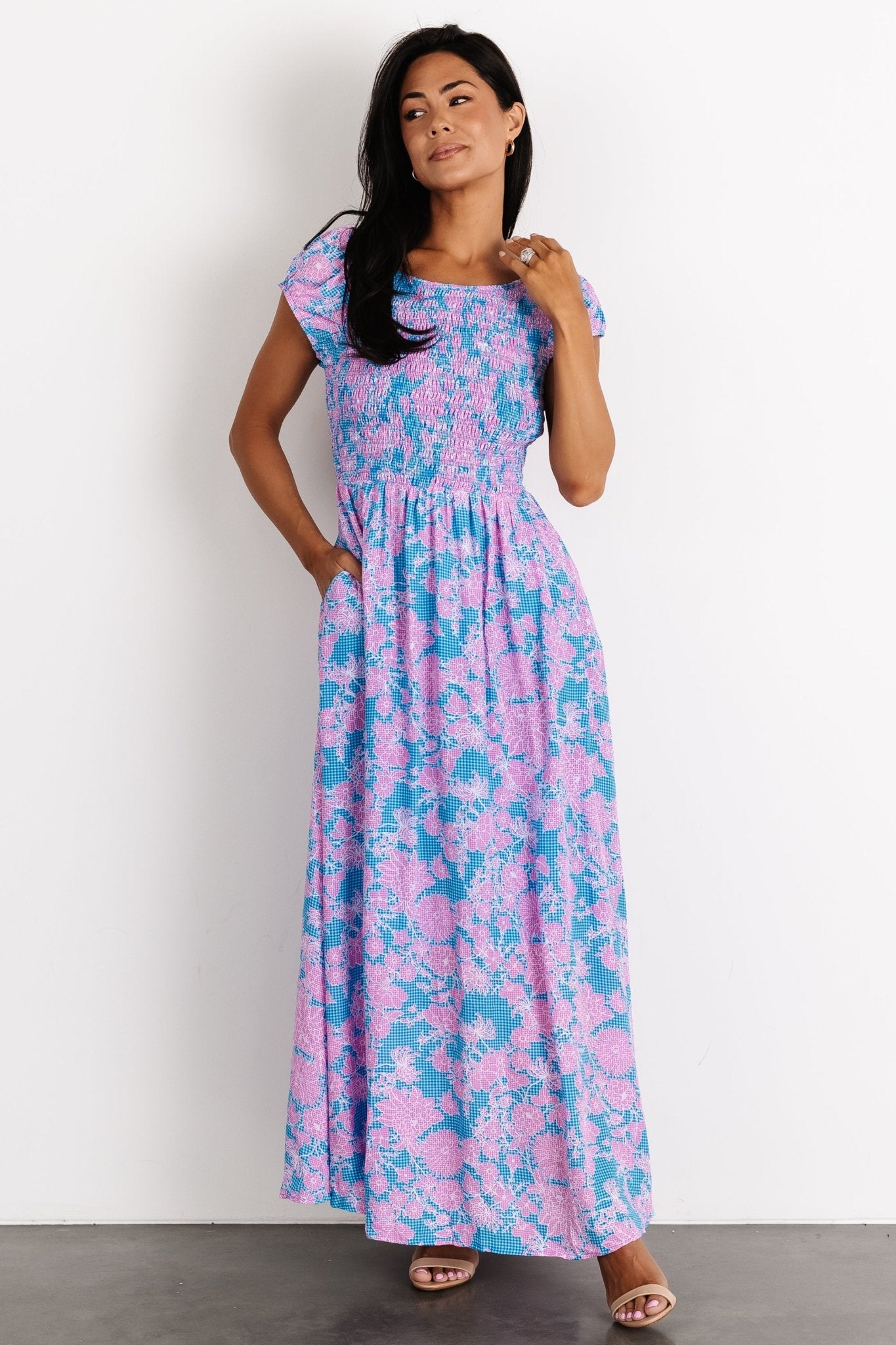Tabitha Open Back Maxi Dress | Blue + Pink-Glamsiq