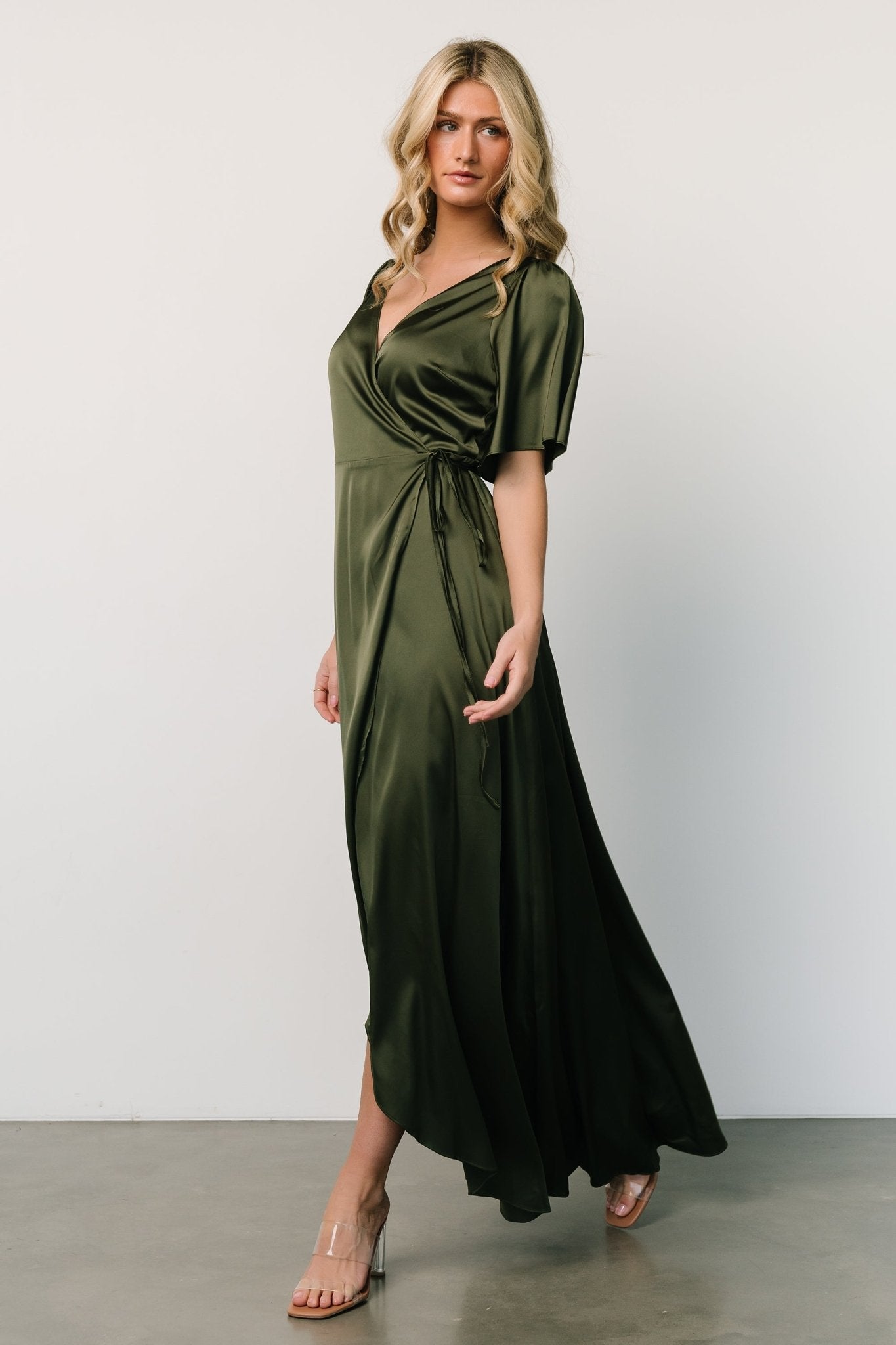 Vara Satin Maxi Wrap Dress | Juniper Green-Glamsiq