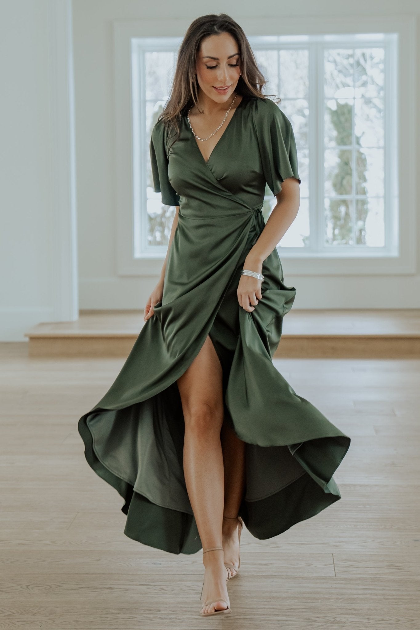 Vara Satin Maxi Wrap Dress | Juniper Green-Glamsiq