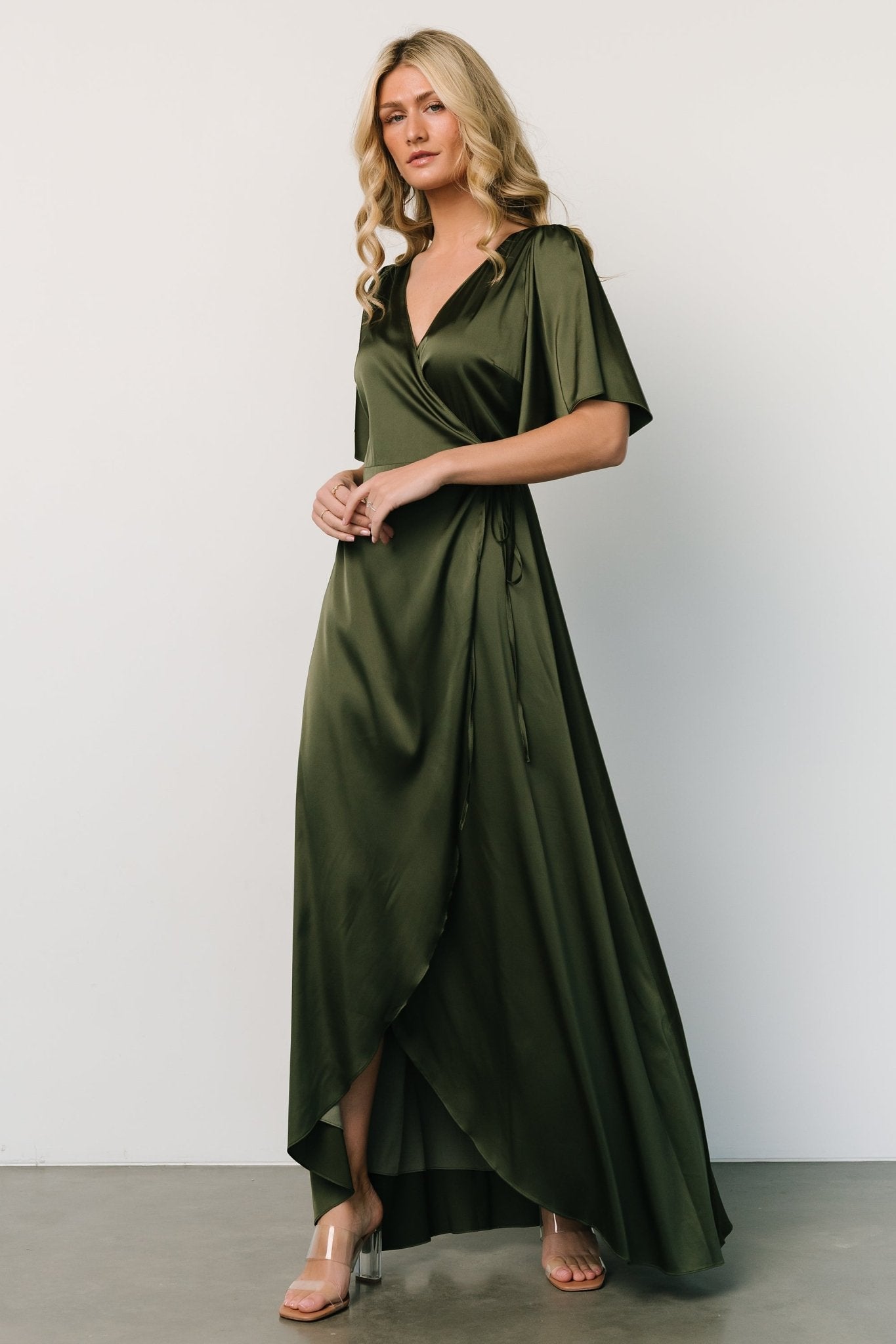 Vara Satin Maxi Wrap Dress | Juniper Green-Glamsiq