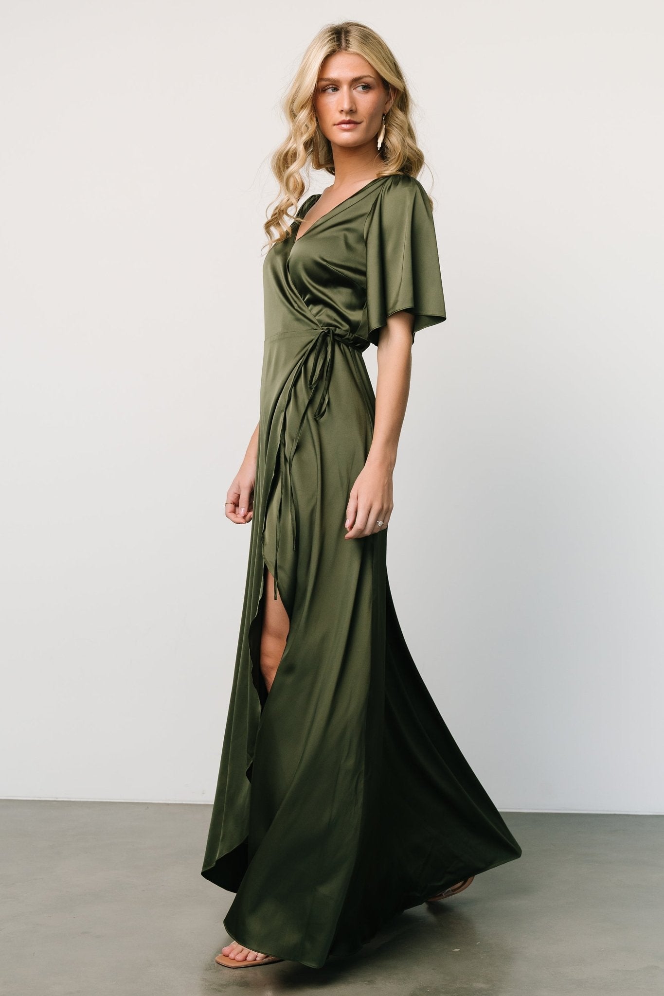 Vara Satin Maxi Wrap Dress | Juniper Green-Glamsiq