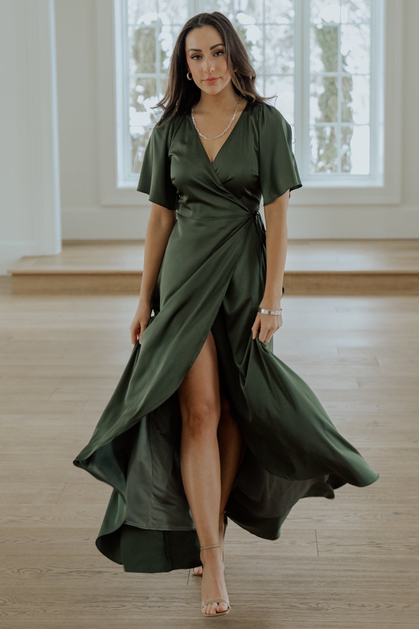 Vara Satin Maxi Wrap Dress | Juniper Green-Glamsiq