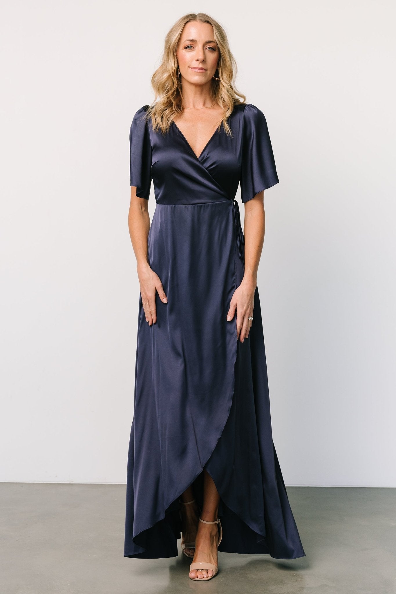 Vara Satin Maxi Wrap Dress | Navy-Glamsiq