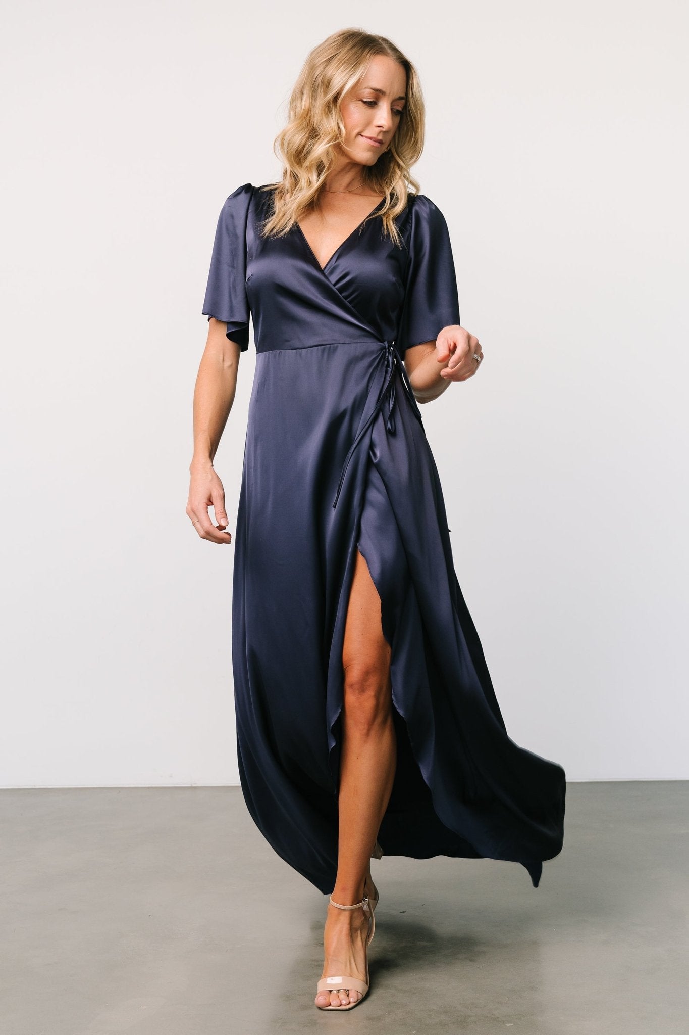 Vara Satin Maxi Wrap Dress | Navy-Glamsiq