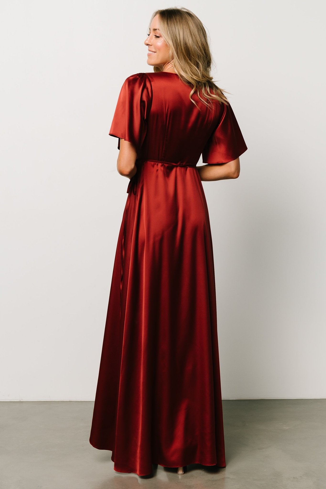 Vara Satin Maxi Wrap Dress | Terracotta-Glamsiq