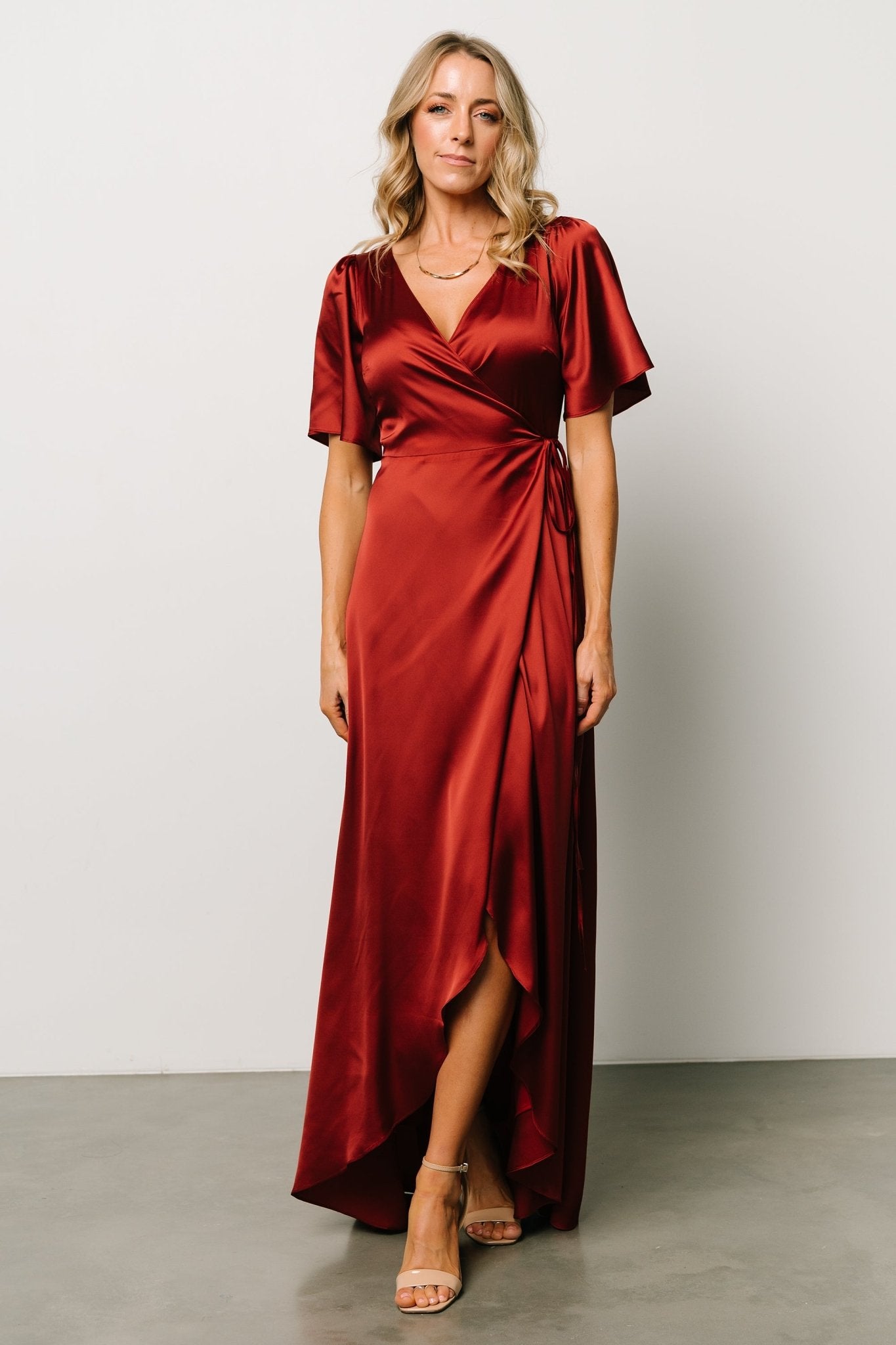 Vara Satin Maxi Wrap Dress | Terracotta-Glamsiq