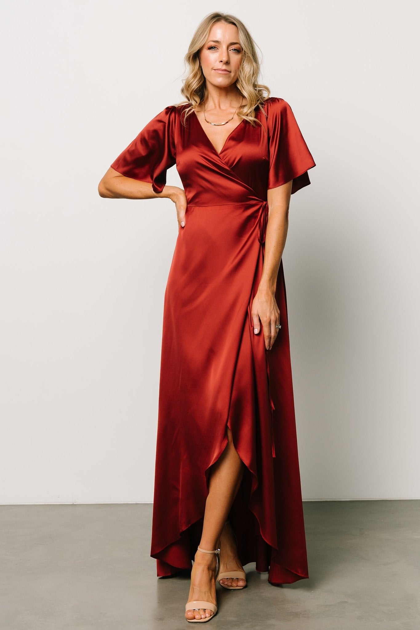 Vara Satin Maxi Wrap Dress | Terracotta-Glamsiq
