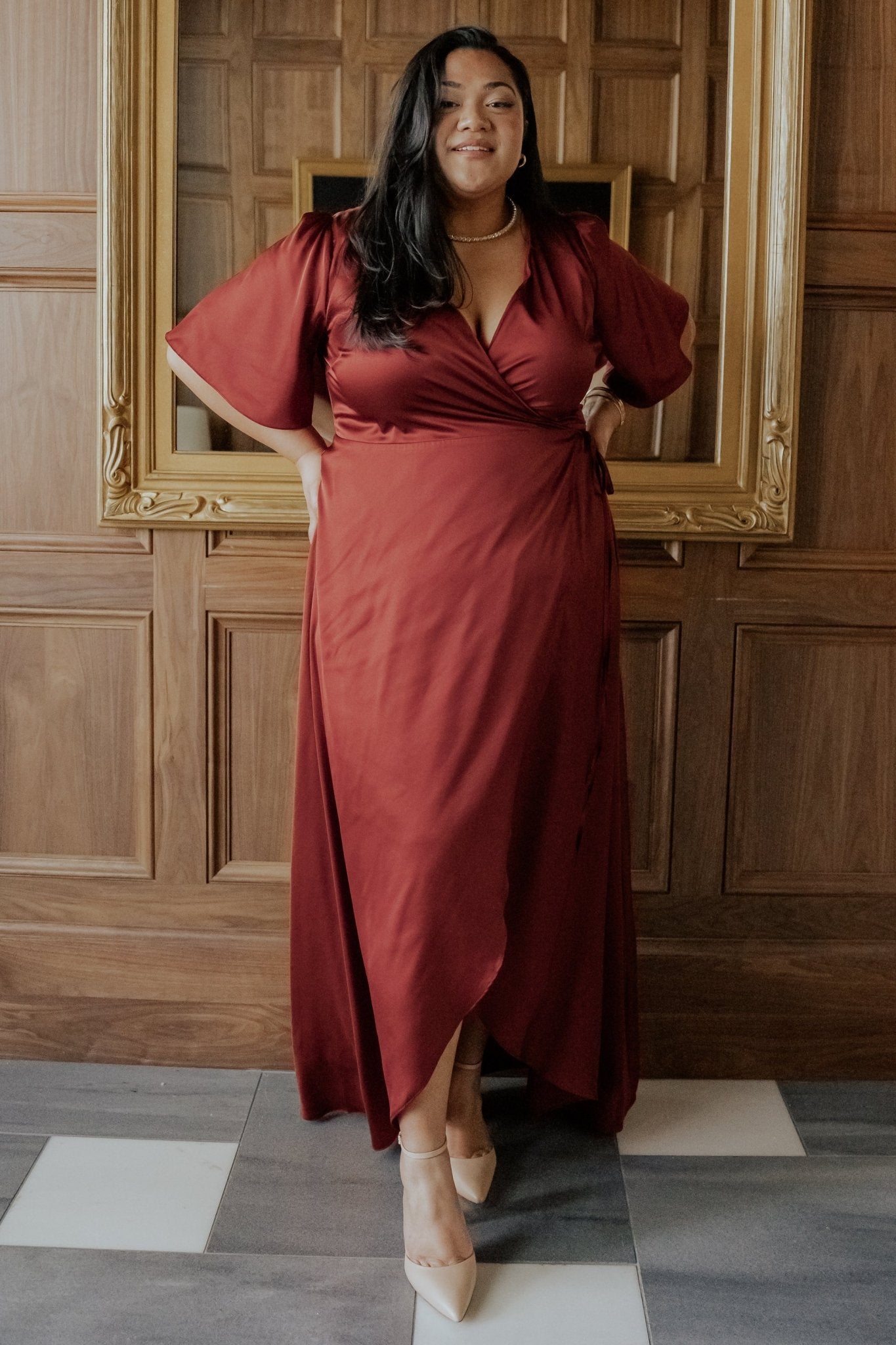 Vara Satin Maxi Wrap Dress | Terracotta-Glamsiq