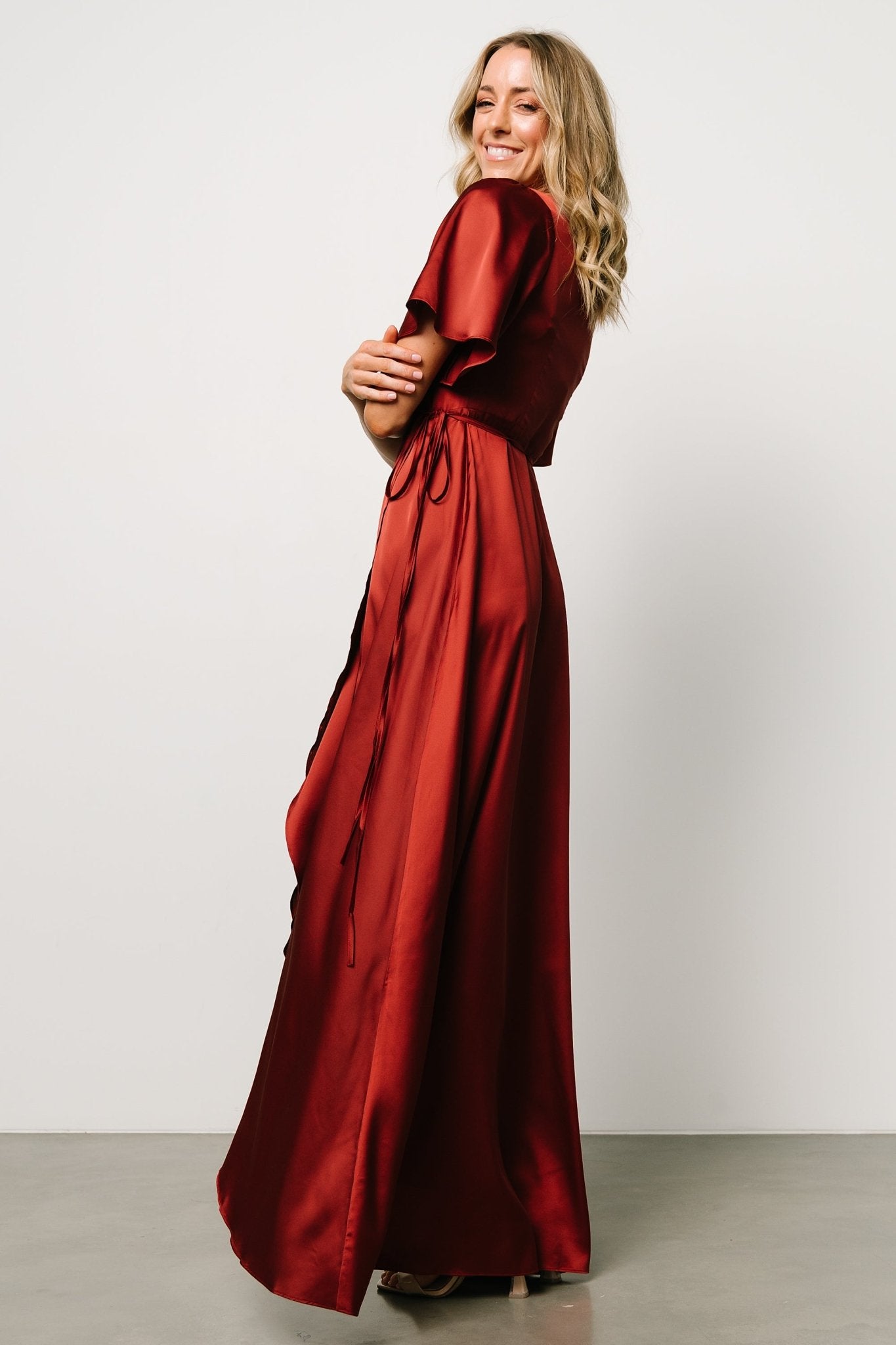 Vara Satin Maxi Wrap Dress | Terracotta-Glamsiq