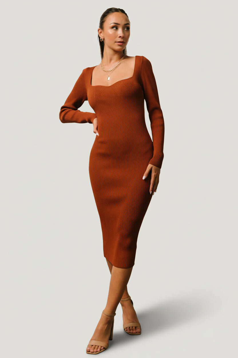 Waldorf Ribbed Midi Dress | Chestnut-Glamsiq