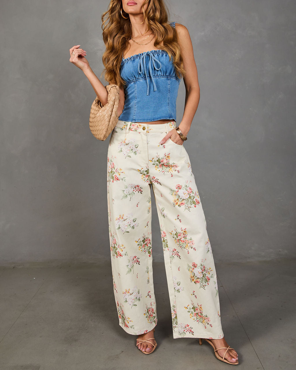 Sunlit Petals Rigid Mid Rise Wide Leg Floral Jeans-chiciza