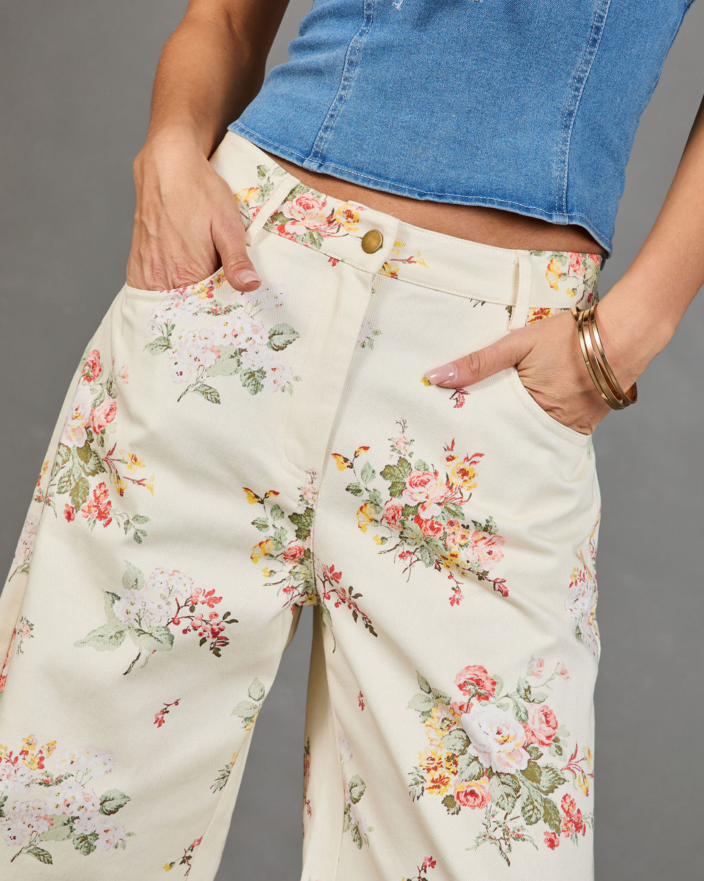 Sunlit Petals Rigid Mid Rise Wide Leg Floral Jeans-chiciza