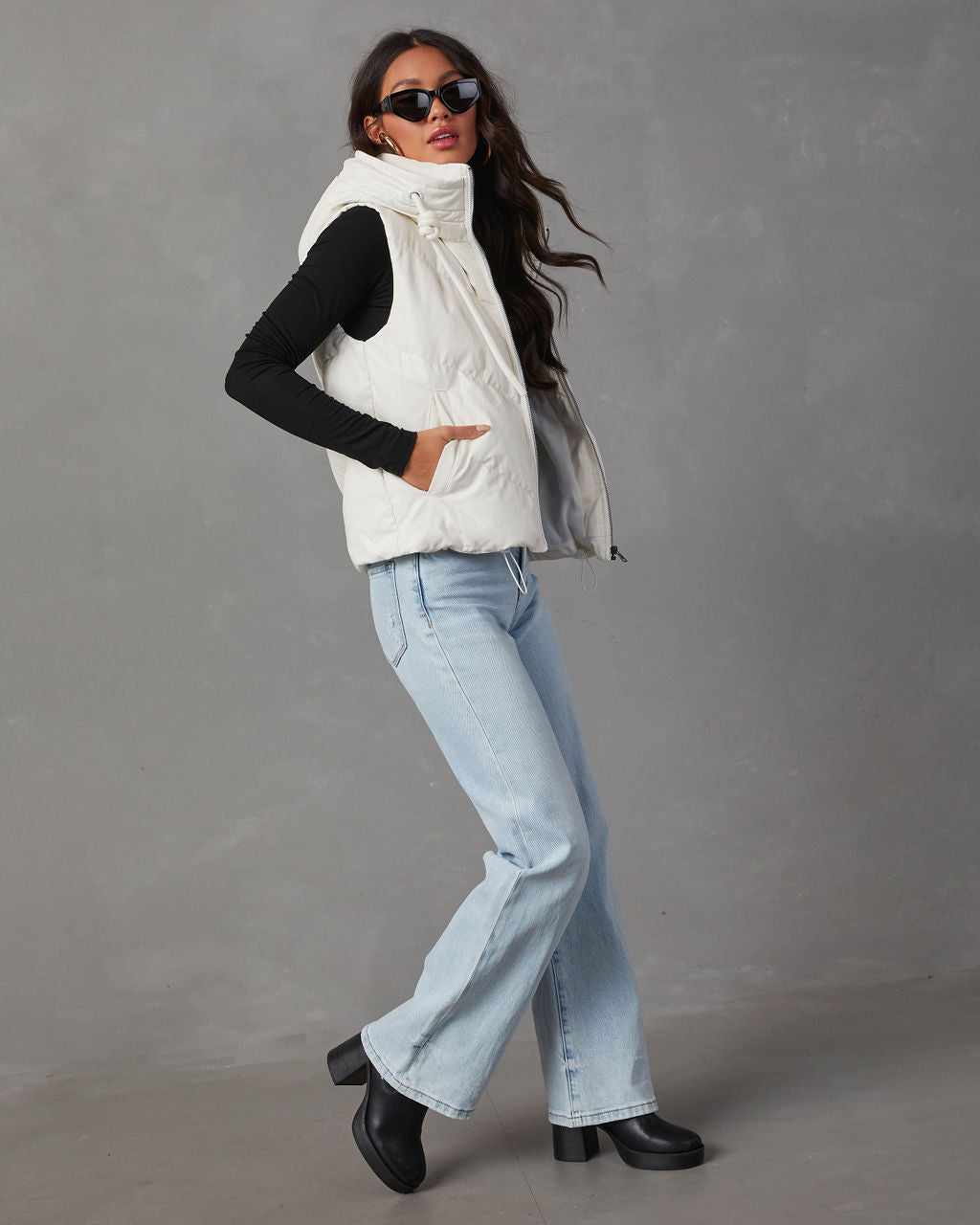 Shelton Pocketed Hooded Faux Leather Puffer Vest-chiciza