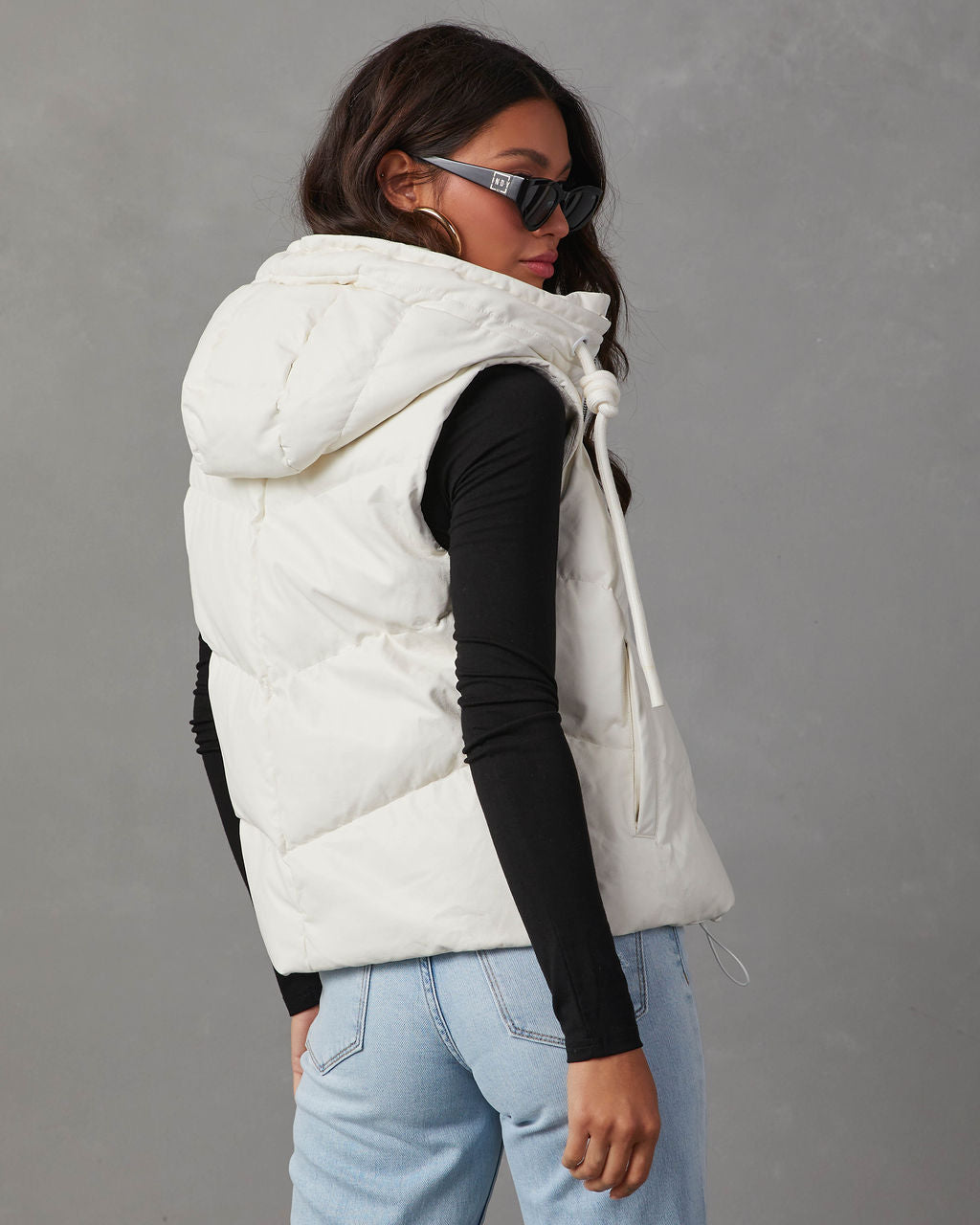 Shelton Pocketed Hooded Faux Leather Puffer Vest-chiciza