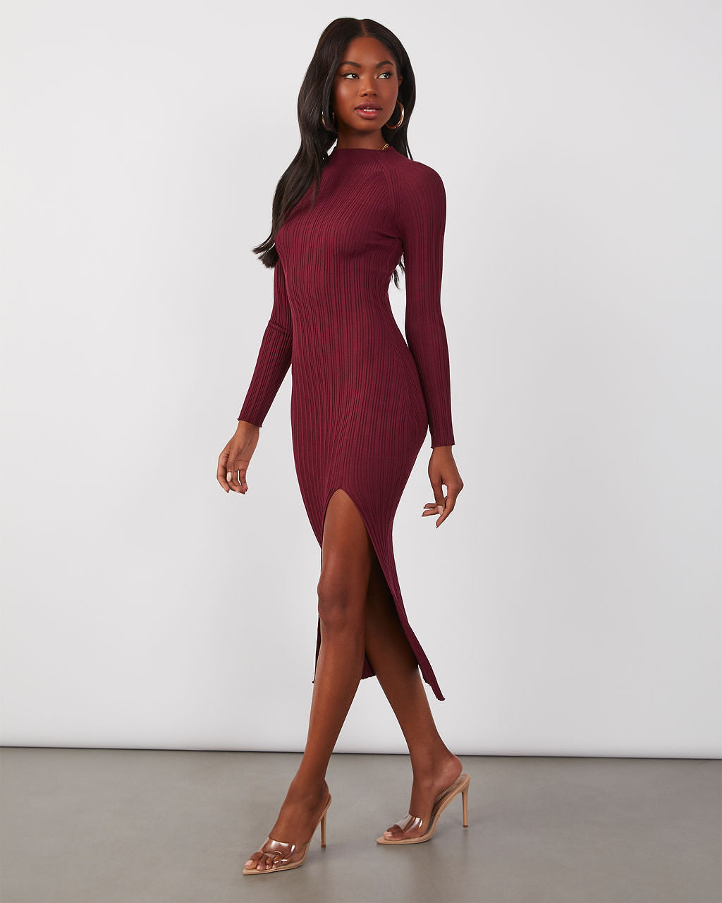 Thankful Soul Ribbed Mock Neck Midi Dress-chiciza
