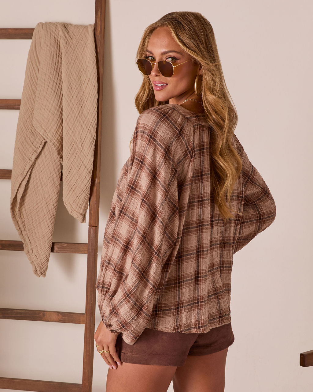 Pecan Bliss Plaid Lace Up Peasant Top-chiciza