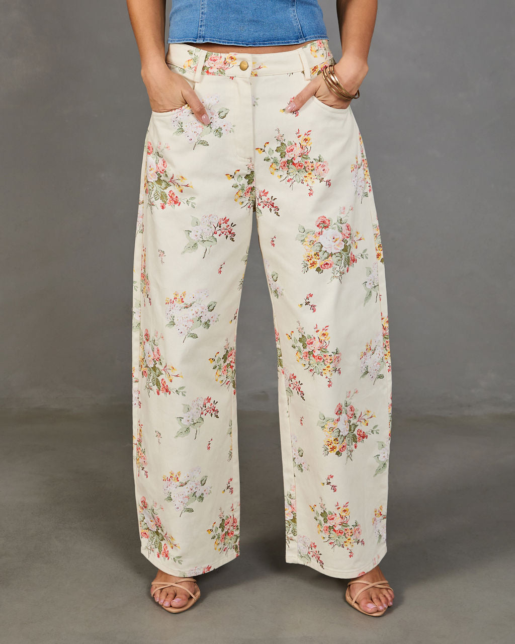 Sunlit Petals Rigid Mid Rise Wide Leg Floral Jeans-chiciza