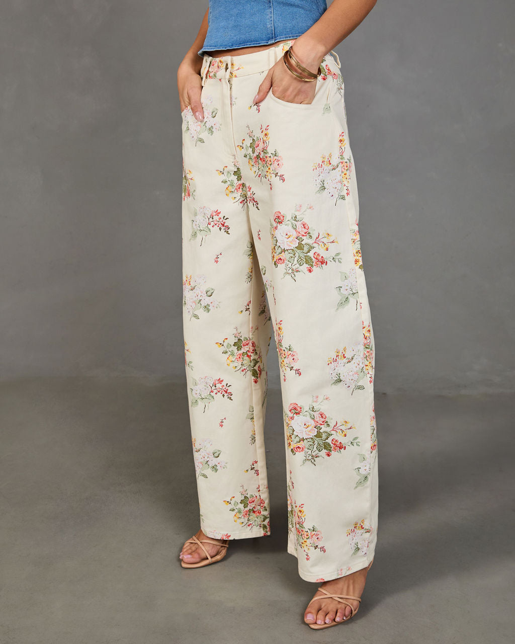 Sunlit Petals Rigid Mid Rise Wide Leg Floral Jeans-chiciza