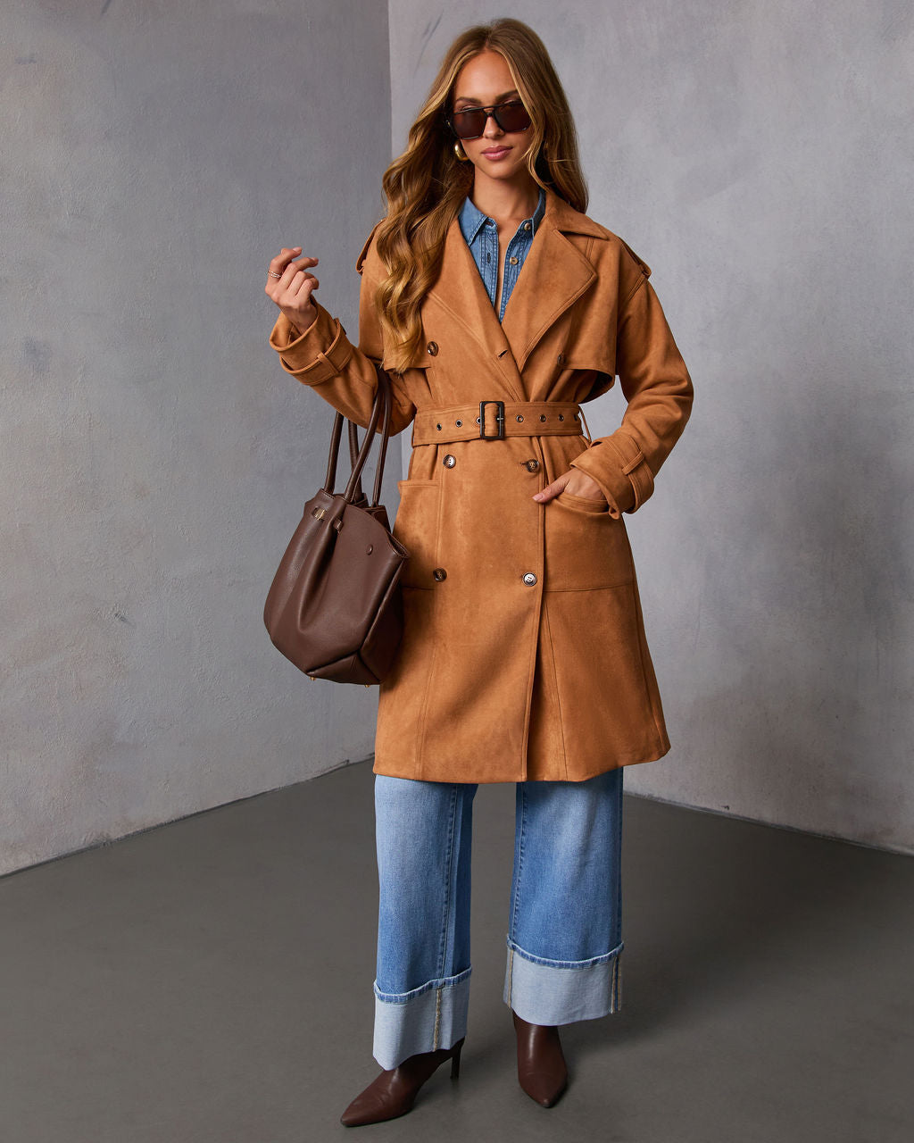 Samelah Suede Belted Trench Coat-chiciza