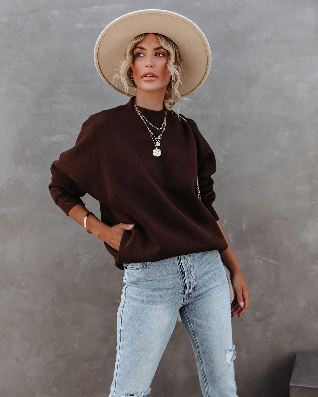 Woah Pocketed Cotton Blend Mock Neck Sweatshirt-chiciza