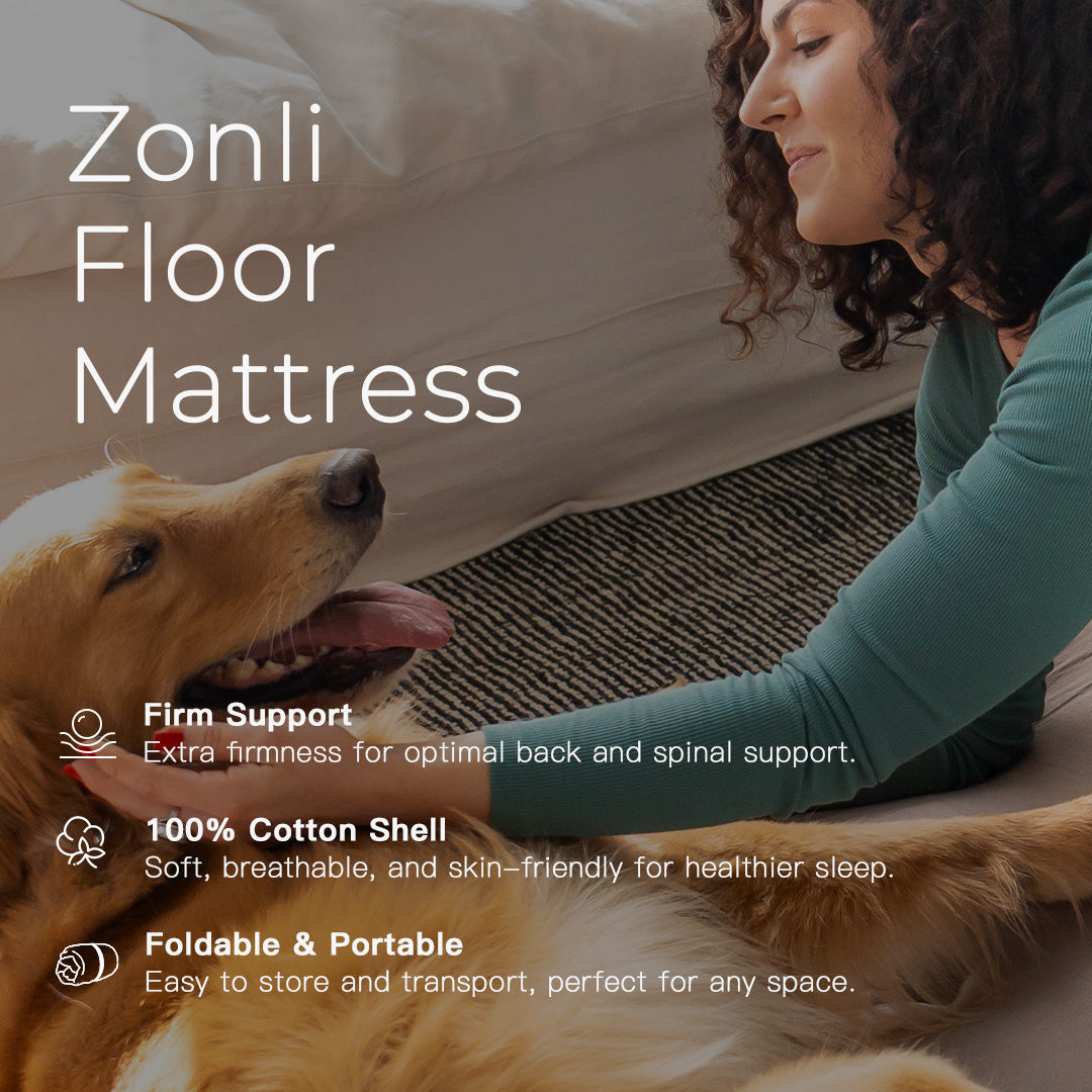 dog and owner sleeping on zonli floor mattress
