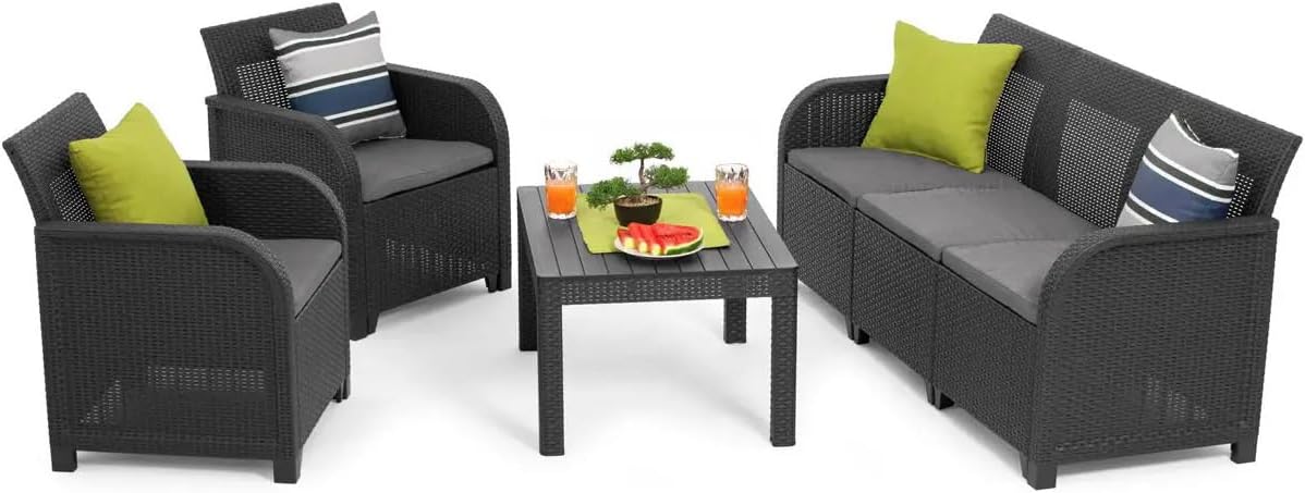Keter Conjunto de Jardín Sanremo Sofá 3 Plazas 2 Sillones Mesa Auxiliar Resina Imitación Ratán Trenzado Color Gris Estilo Moderno Exterior-Casagoloft