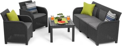 Keter Conjunto de Jardín Sanremo Sofá 3 Plazas 2 Sillones Mesa Auxiliar Resina Imitación Ratán Trenzado Color Gris Estilo Moderno Exterior-Casagoloft
